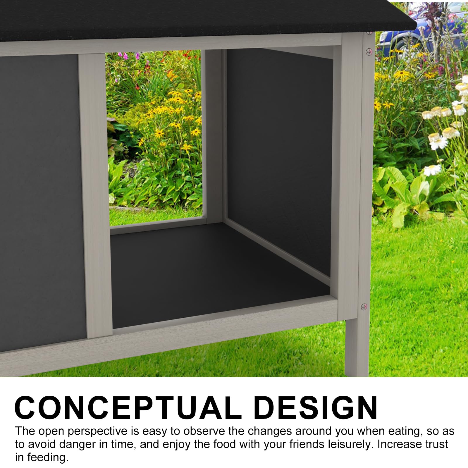 WAYTRIM waterproof cat house feeder area shows dedicated space for tidy food and water access