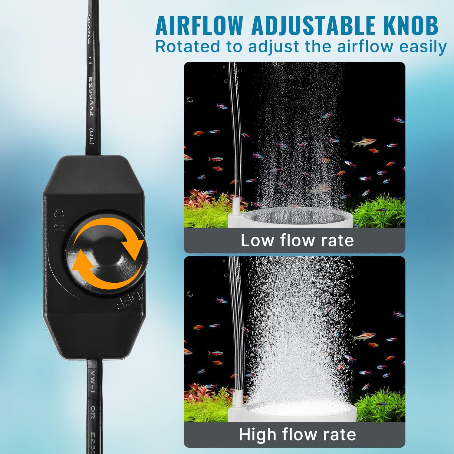 WAYYPET aquarium air pump side view highlights durable build for continuous operation in tanks.