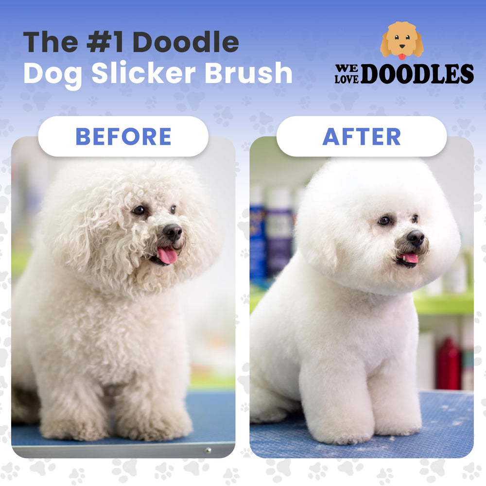 We Love Doodles 45-degree pin-angle helps avoid scratching skin during brushing.