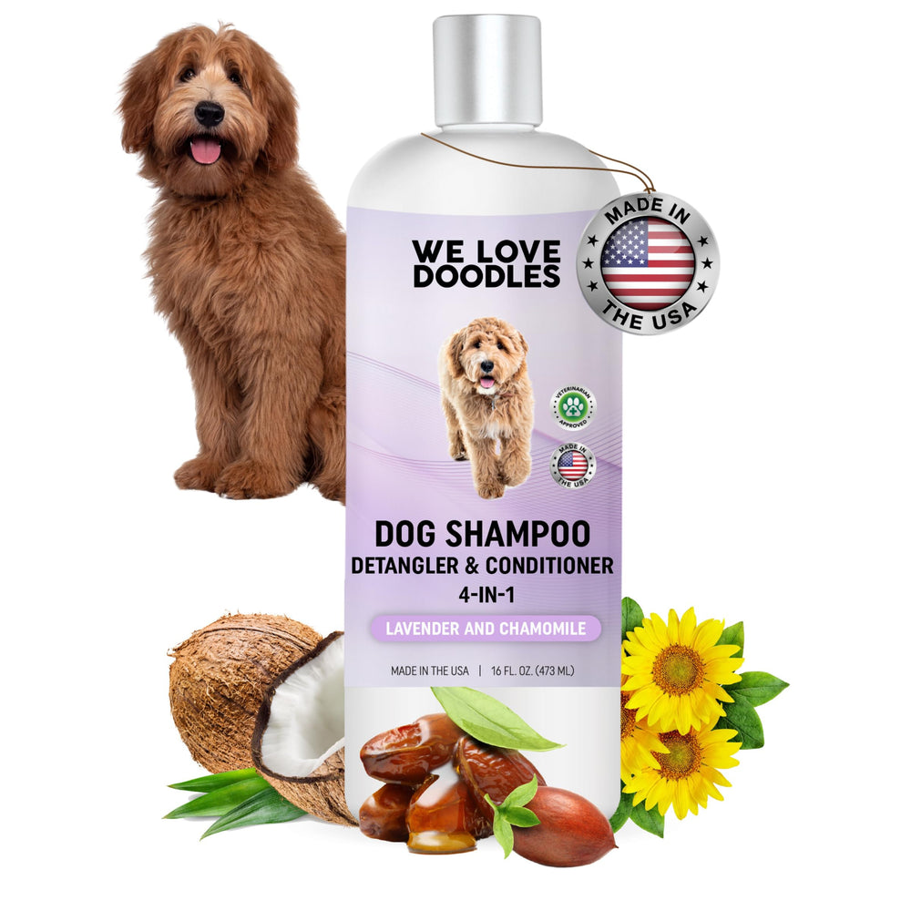 We Love Doodles 4in1 dog shampoo bottle delivers gentle cleansing for tangled coats.