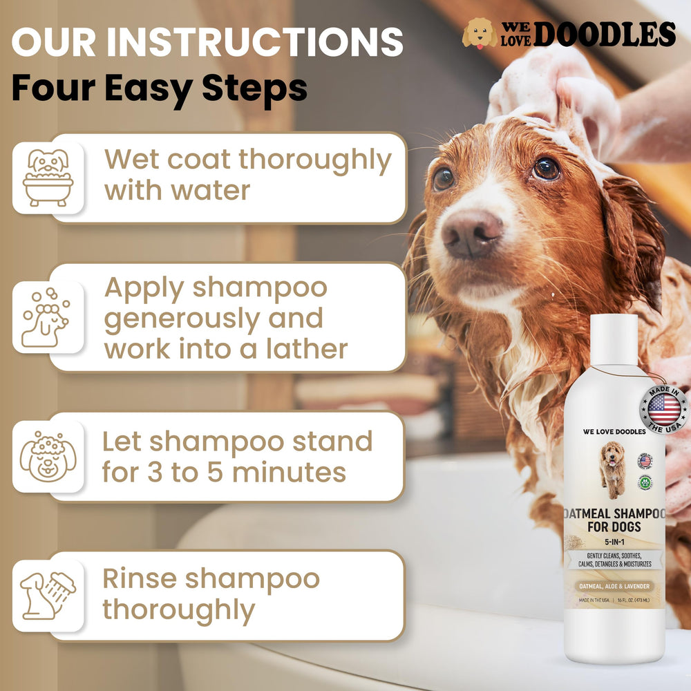 We Love Doodles 5-in-1 oatmeal shampoo-aloe-lavender showcases calming scent for a pleasant bath.