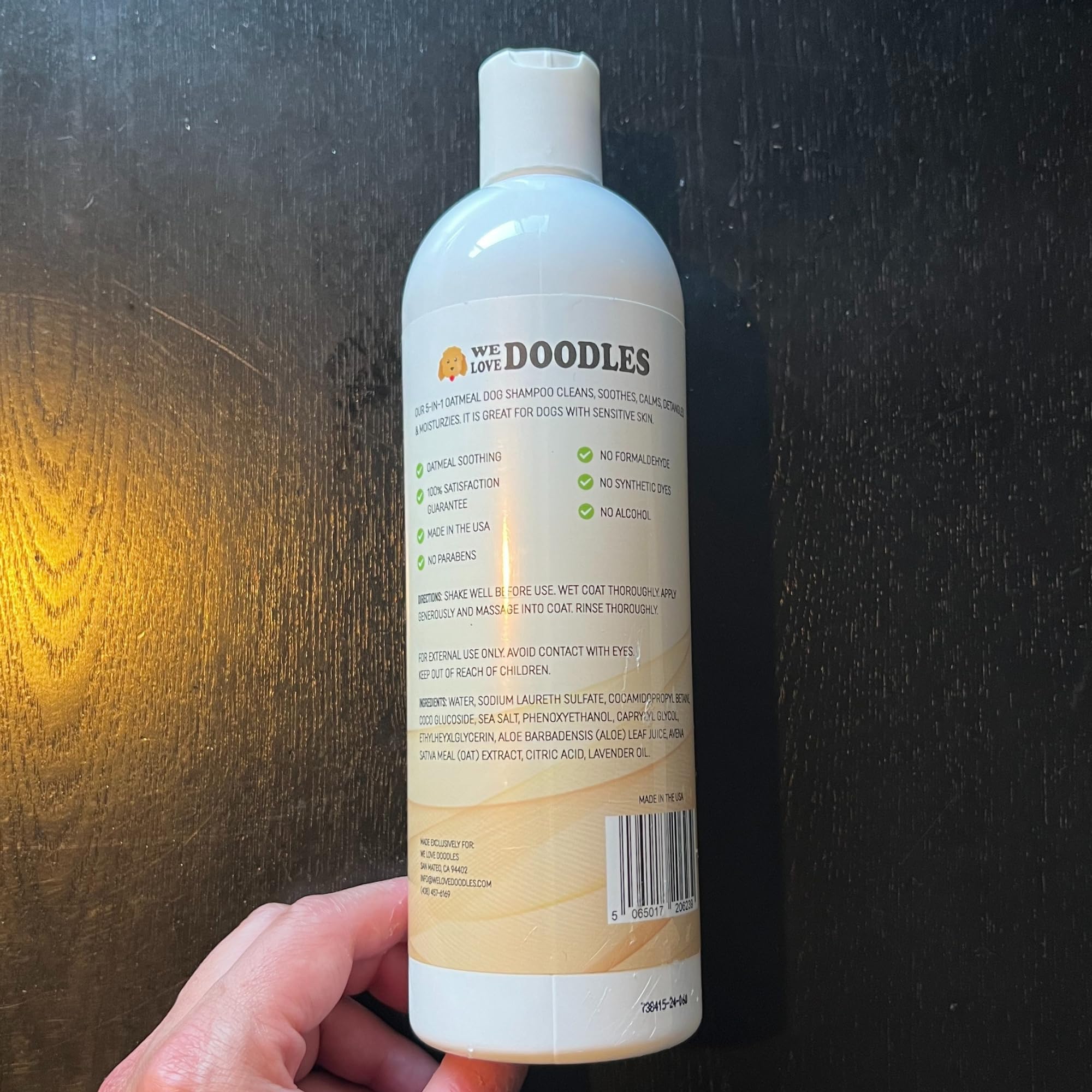 We Love Doodles 5-in-1 oatmeal shampoo-bath-time suggests a comforting routine for dogs and owners.