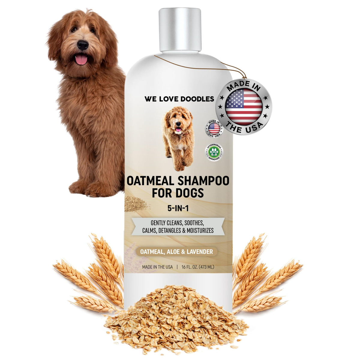 We Love Doodles 5-in-1 oatmeal shampoo bottle shows gentle cleansing for itchy, sensitive dogs.