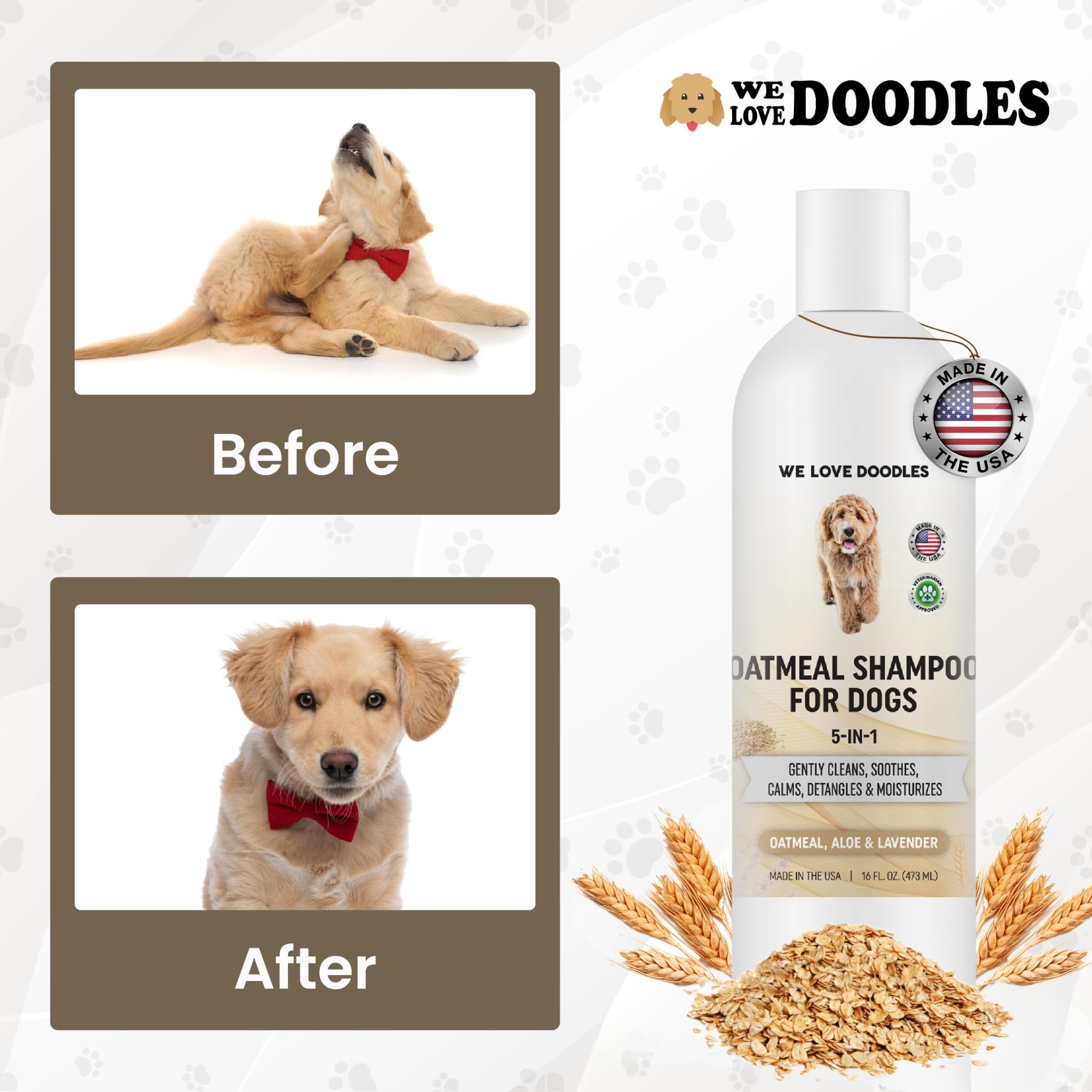 We Love Doodles 5-in-1 oatmeal shampoo-dog-coat cleanses and nourishes dry, healthy-feeling fur.