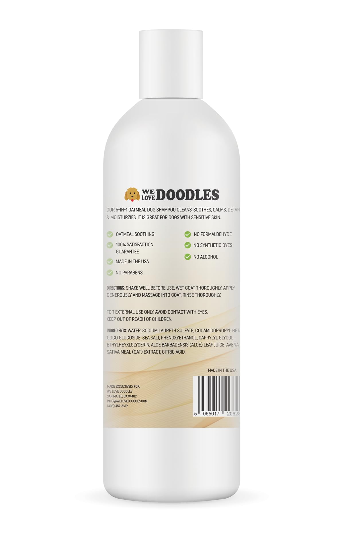 We Love Doodles 5-in-1 oatmeal shampoo-foam demonstrates rich lather for thorough rinsing.