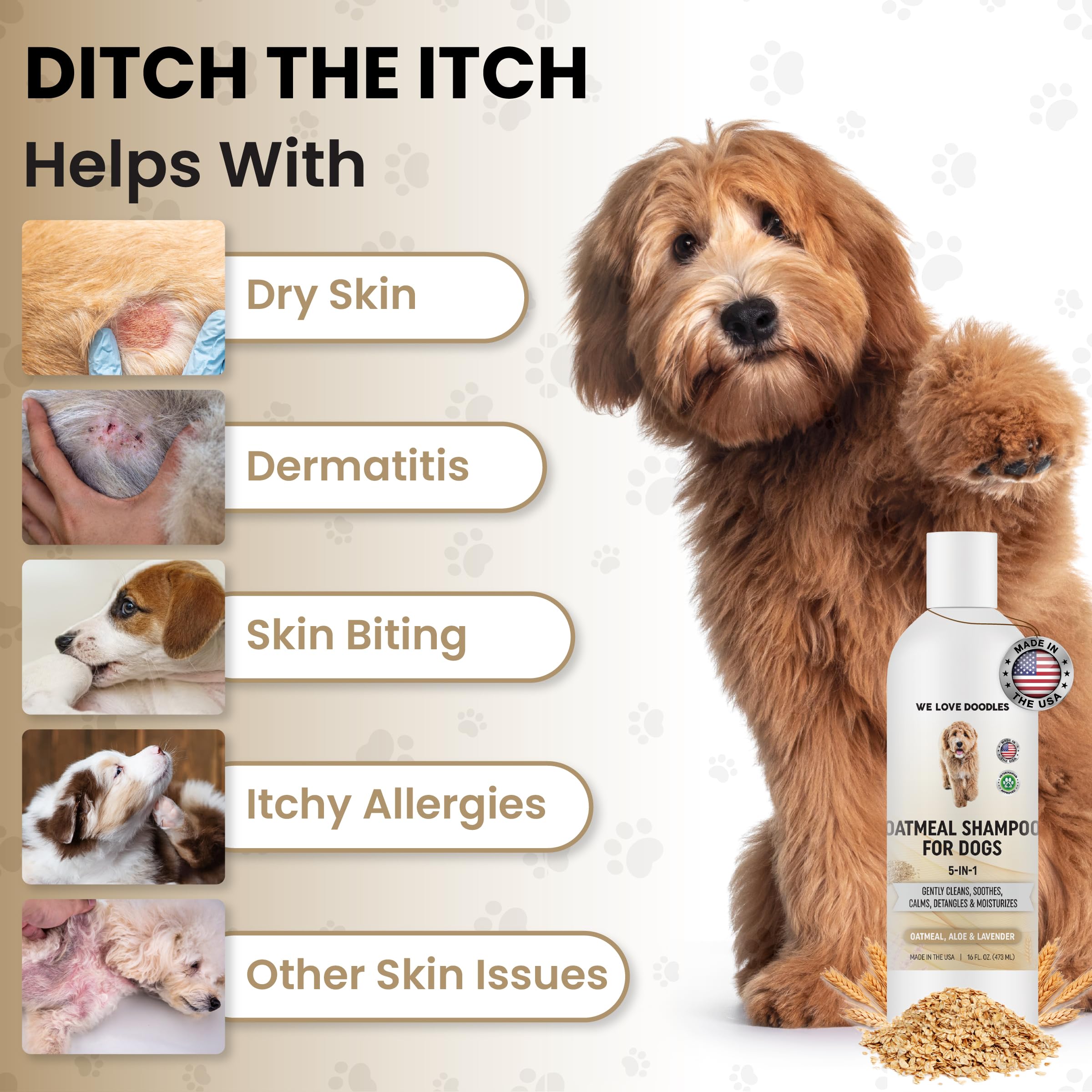 We Love Doodles 5-in-1 oatmeal shampoo-ingredients-oatmeal highlights natural skin-soothing oats.