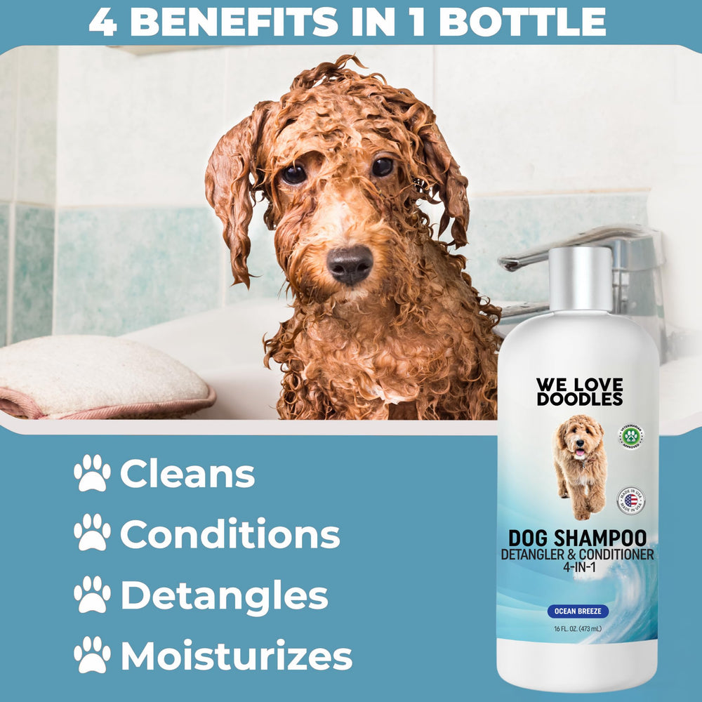 We Love Doodles Ocean Breeze after-bath shot shows soft, tangle-free fur with detangler benefits.