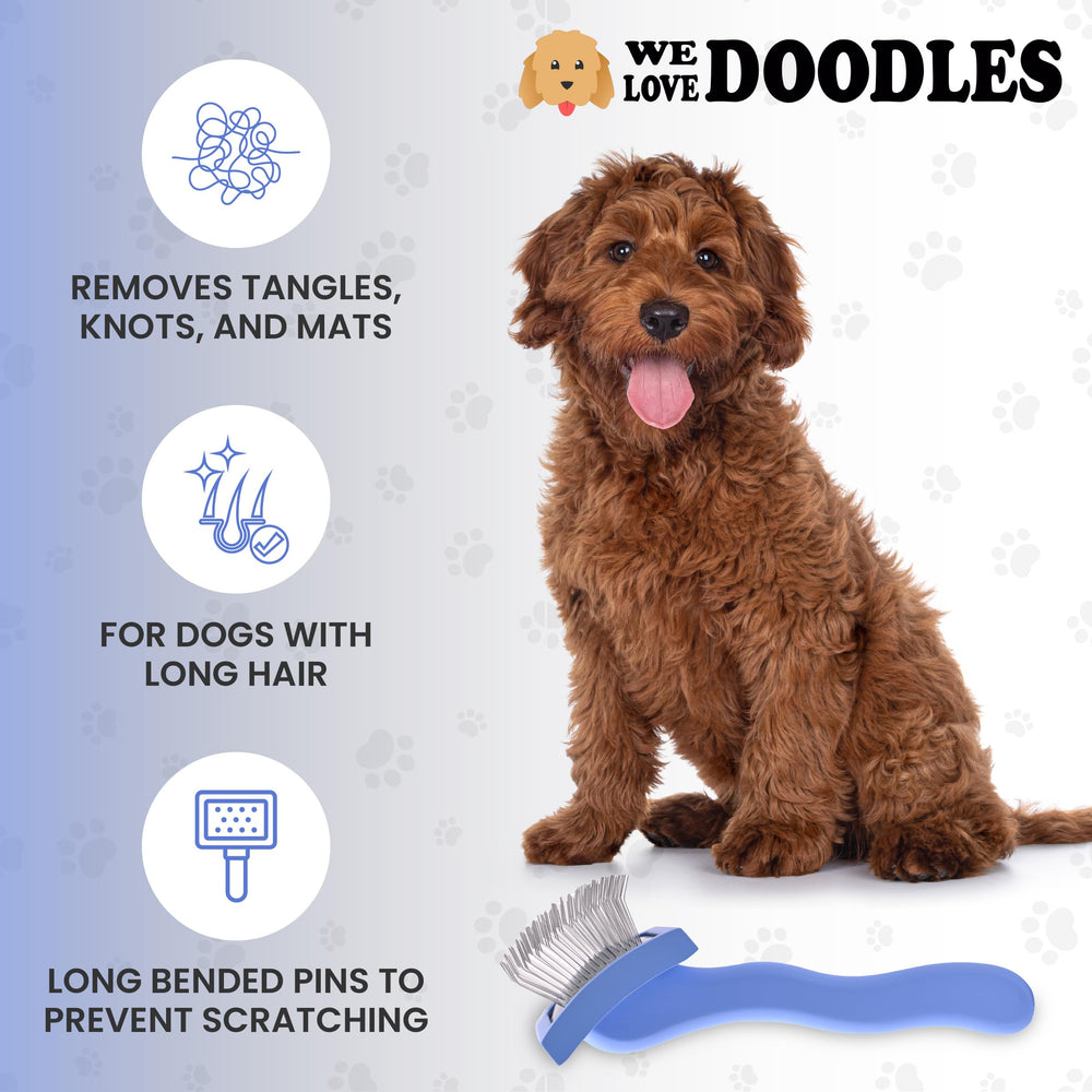 We Love Doodles angled pin detangler at 45 degrees for gentle skin safe brushing.