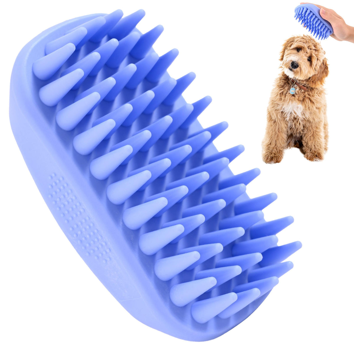 We Love Doodles bath brush shows dog grooming in action for a clean, shiny coat.