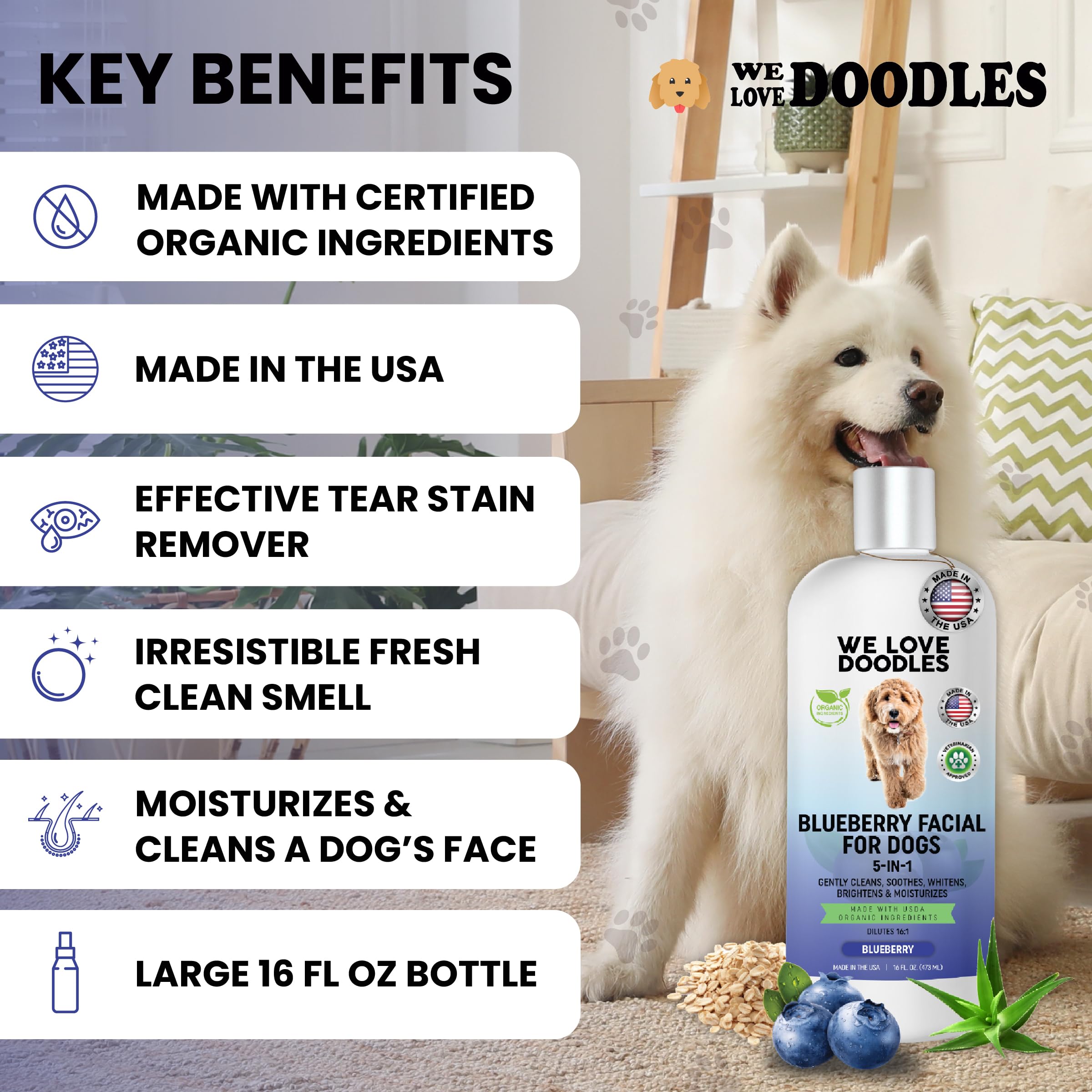 We Love Doodles blueberry-facial-dog-shampoo-packaging highlights coat whitening and brightening.