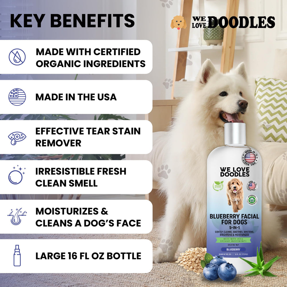 We Love Doodles blueberry-facial-dog-shampoo-packaging highlights coat whitening and brightening.