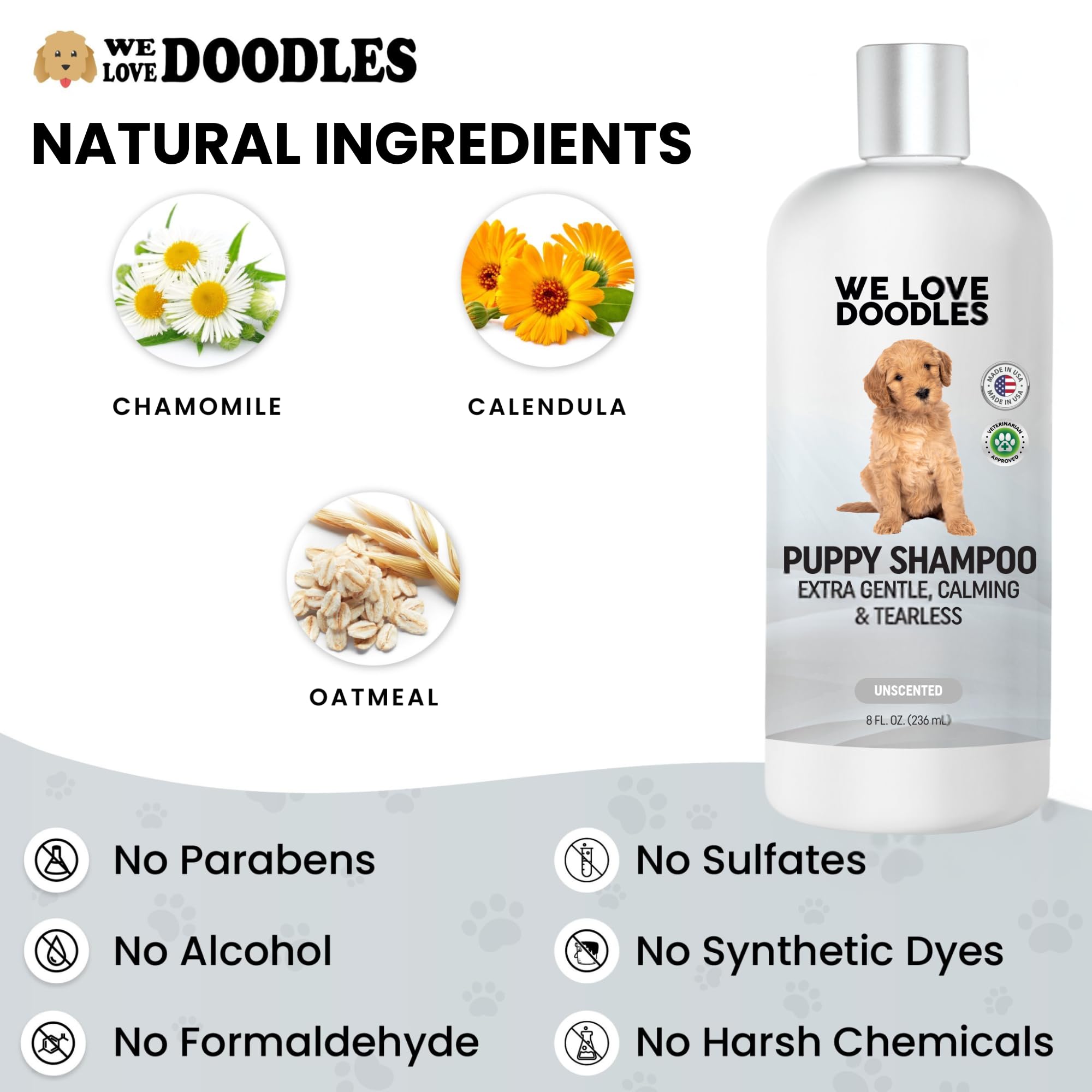 We Love Doodles clean ingredients ensure safe cleansing for puppy coats.