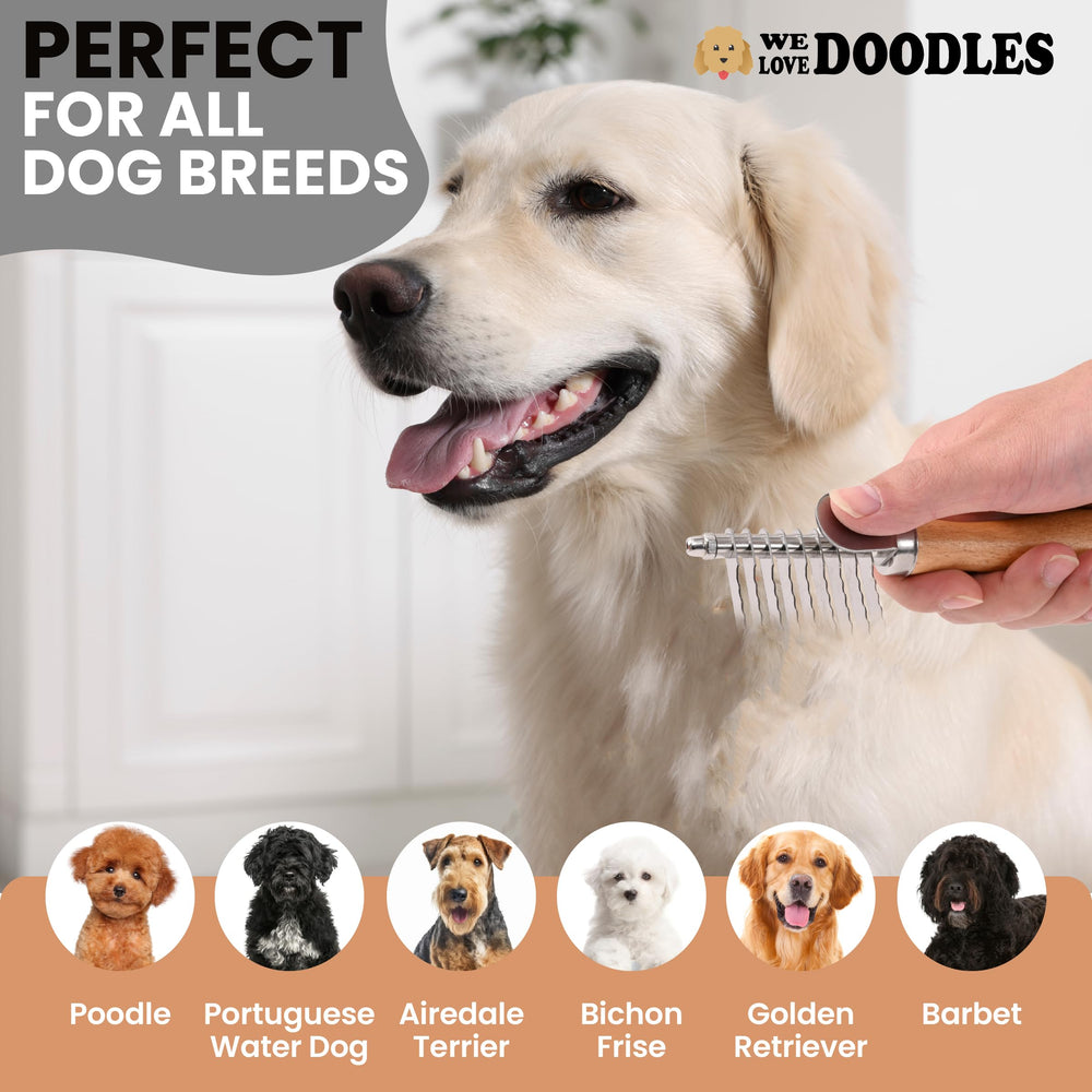 We Love Doodles dematting brush ergonomic-wooden-handle provides a secure comfortable grip.