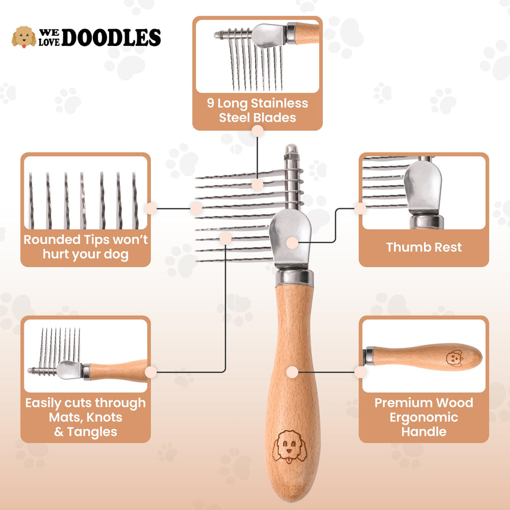 We Love Doodles dematting brush during grooming-session demonstrates easy at-home pet care.