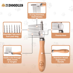 We Love Doodles dematting brush during grooming-session demonstrates easy at-home pet care.