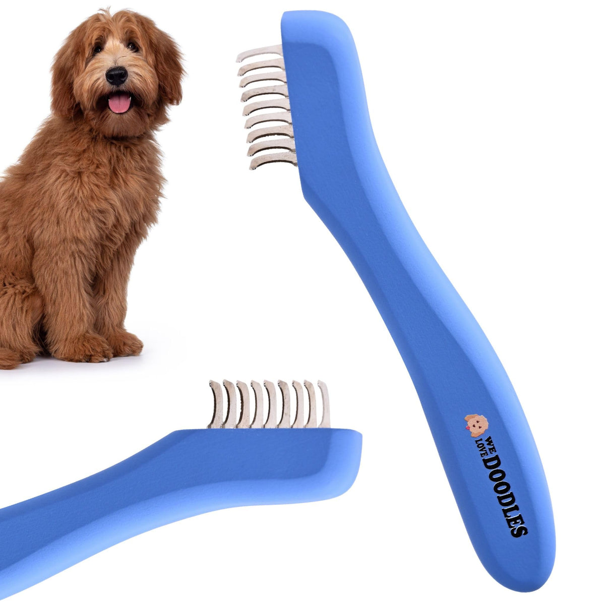 We Love Doodles dematting tool 9-blade close-up for gentle detangling during grooming