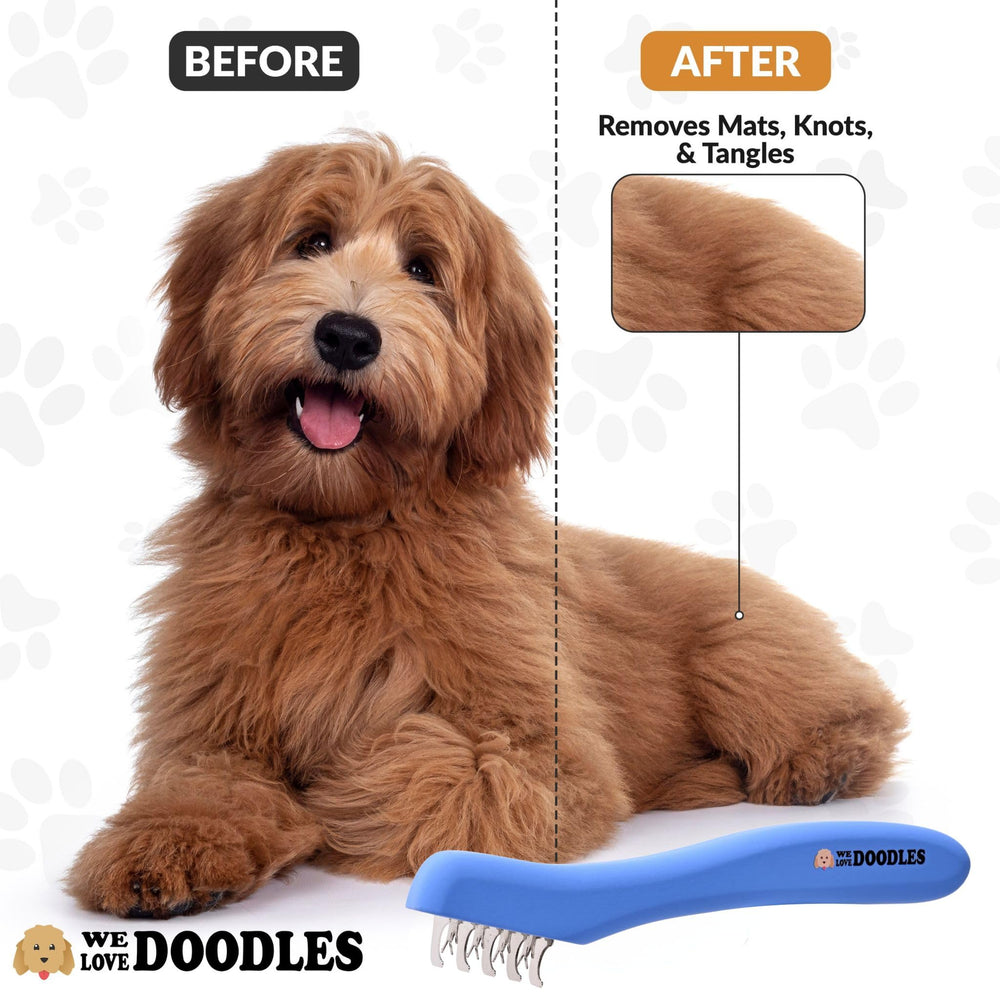 We Love Doodles ergonomic wood-handle close-up highlighting comfortable grip during grooming