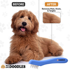 We Love Doodles ergonomic wood-handle close-up highlighting comfortable grip during grooming