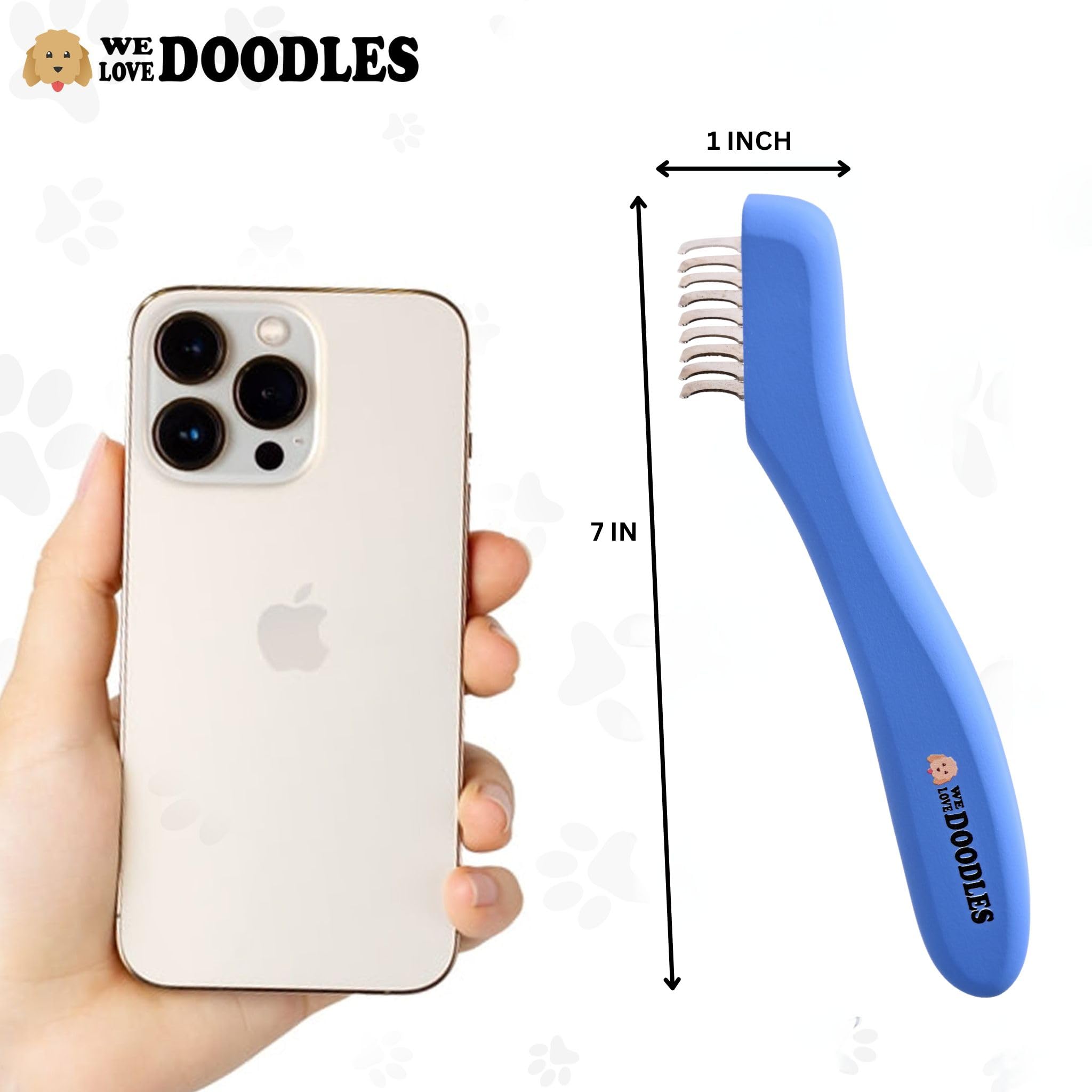 We Love Doodles grooming tool close-up demonstrates gentle removal of loose fur