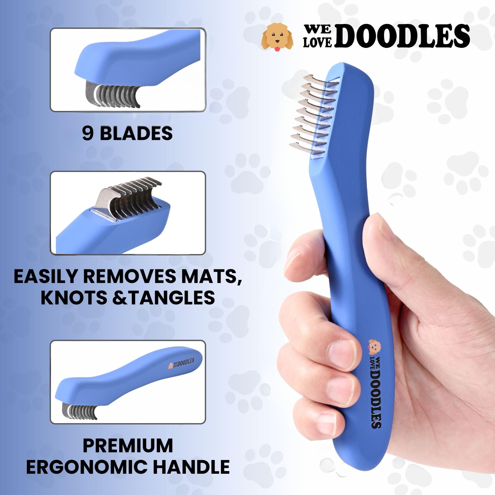 We Love Doodles stainless-steel blades close-up for smooth knot removal