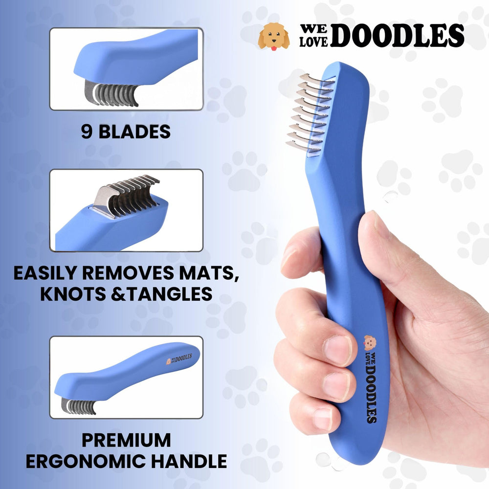 We Love Doodles stainless-steel blades close-up for smooth knot removal