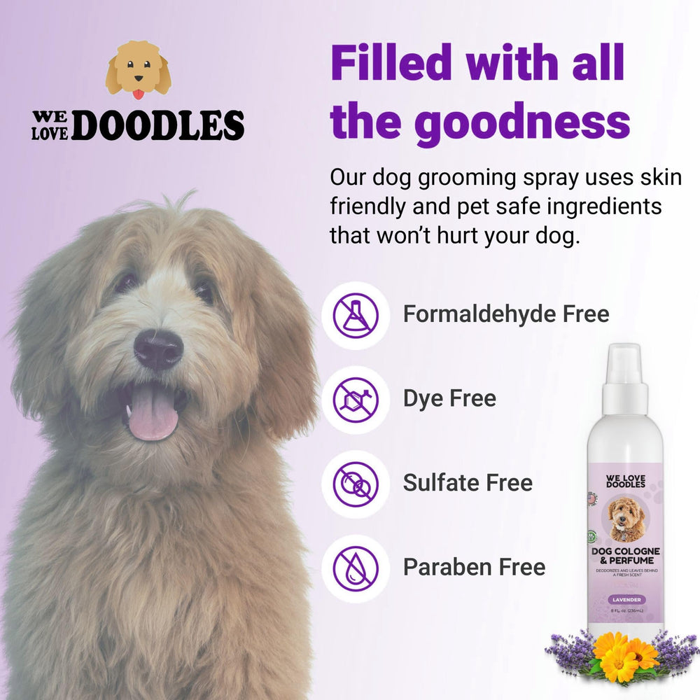 We Love Doodles deodorizing dog spray closeup highlights odor elimination.
