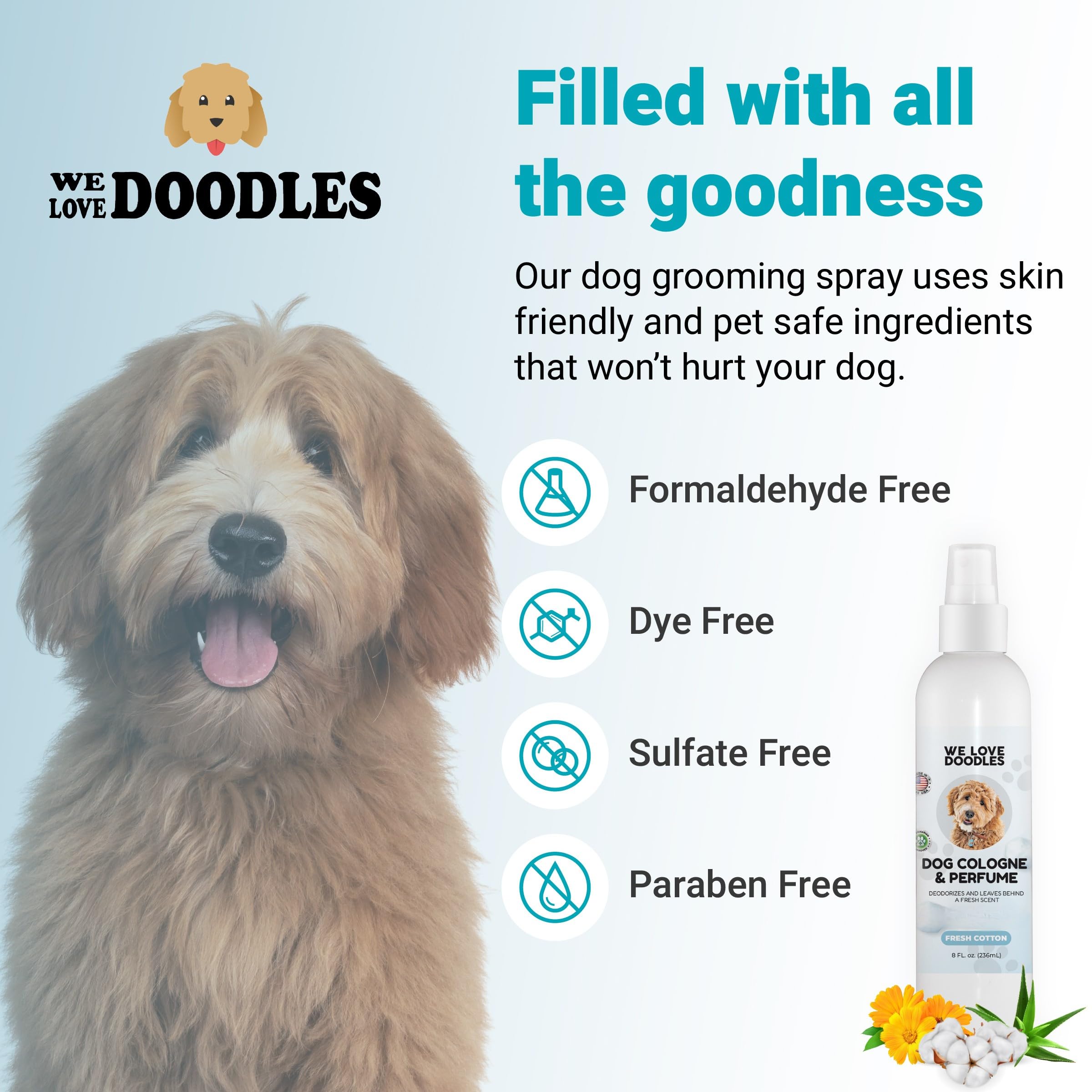 We Love Doodles deodorizing spray closeup showing quick odor elimination for smelly dogs.