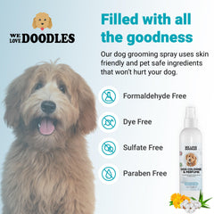 We Love Doodles deodorizing spray closeup showing quick odor elimination for smelly dogs.