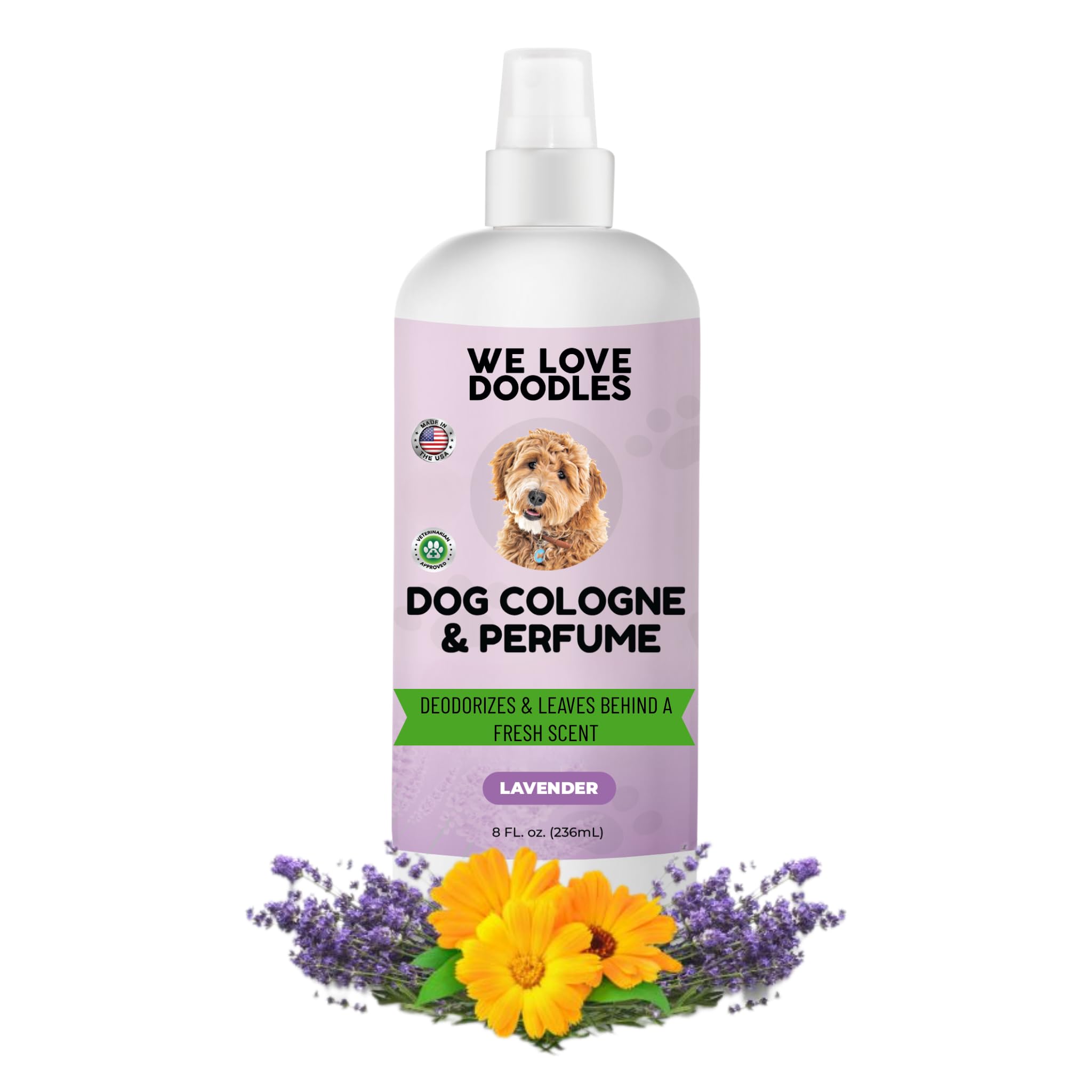 We Love Doodles lavender bottle dog cologne shows long-lasting fragrance after bath.