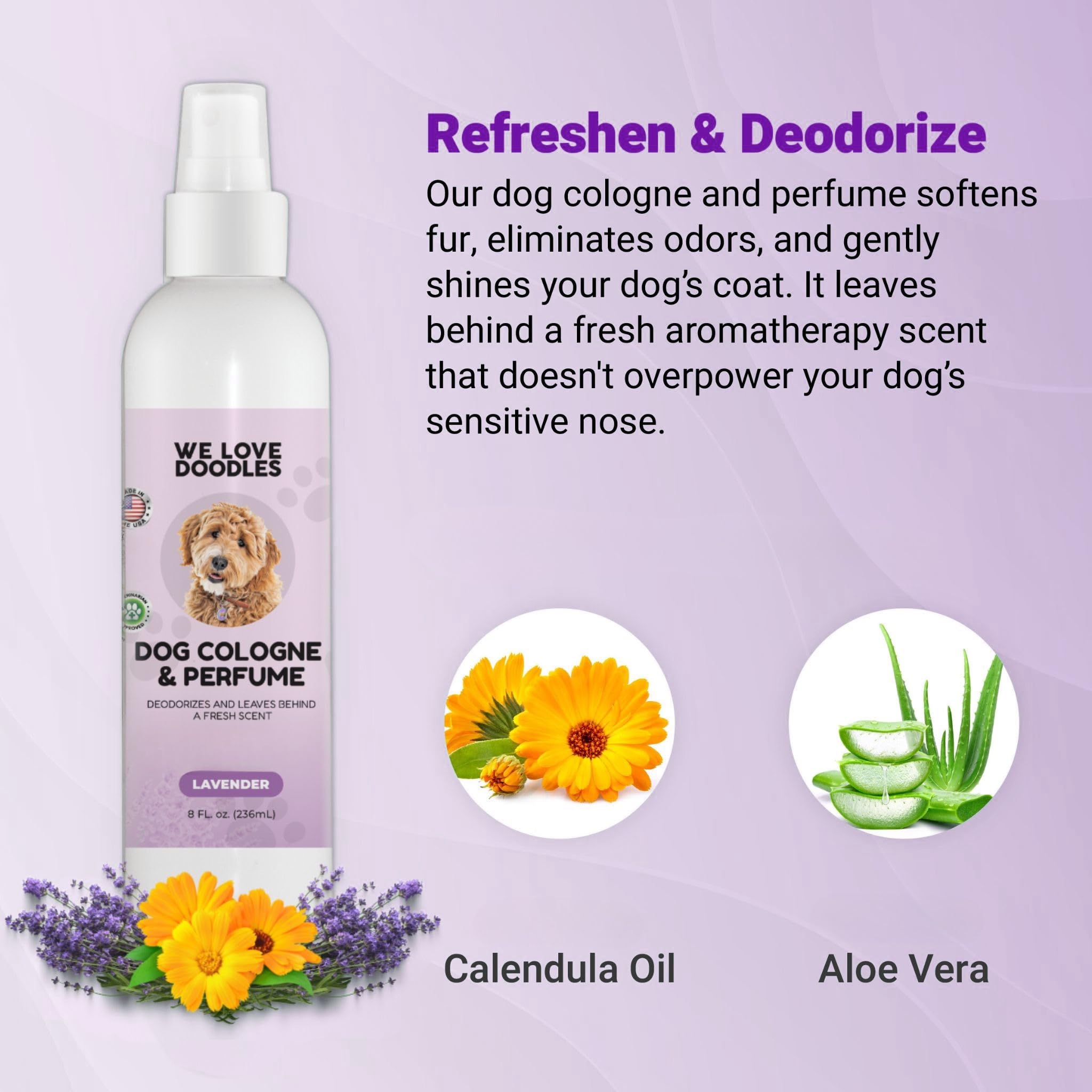 We Love Doodles dog cologne spray application demonstrates quick odor control.