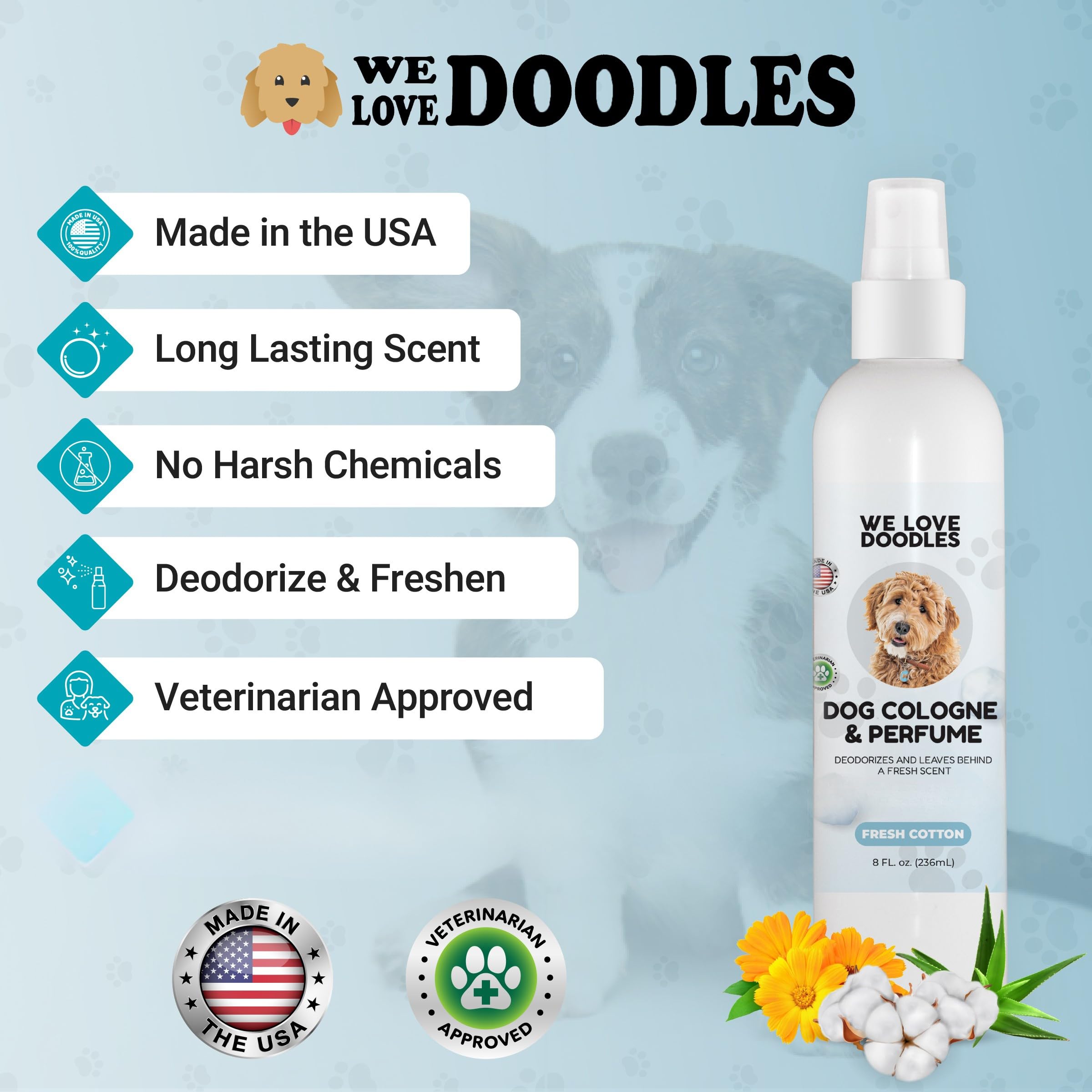 We Love Doodles dog cologne spray mist for easy post-bath refresh.