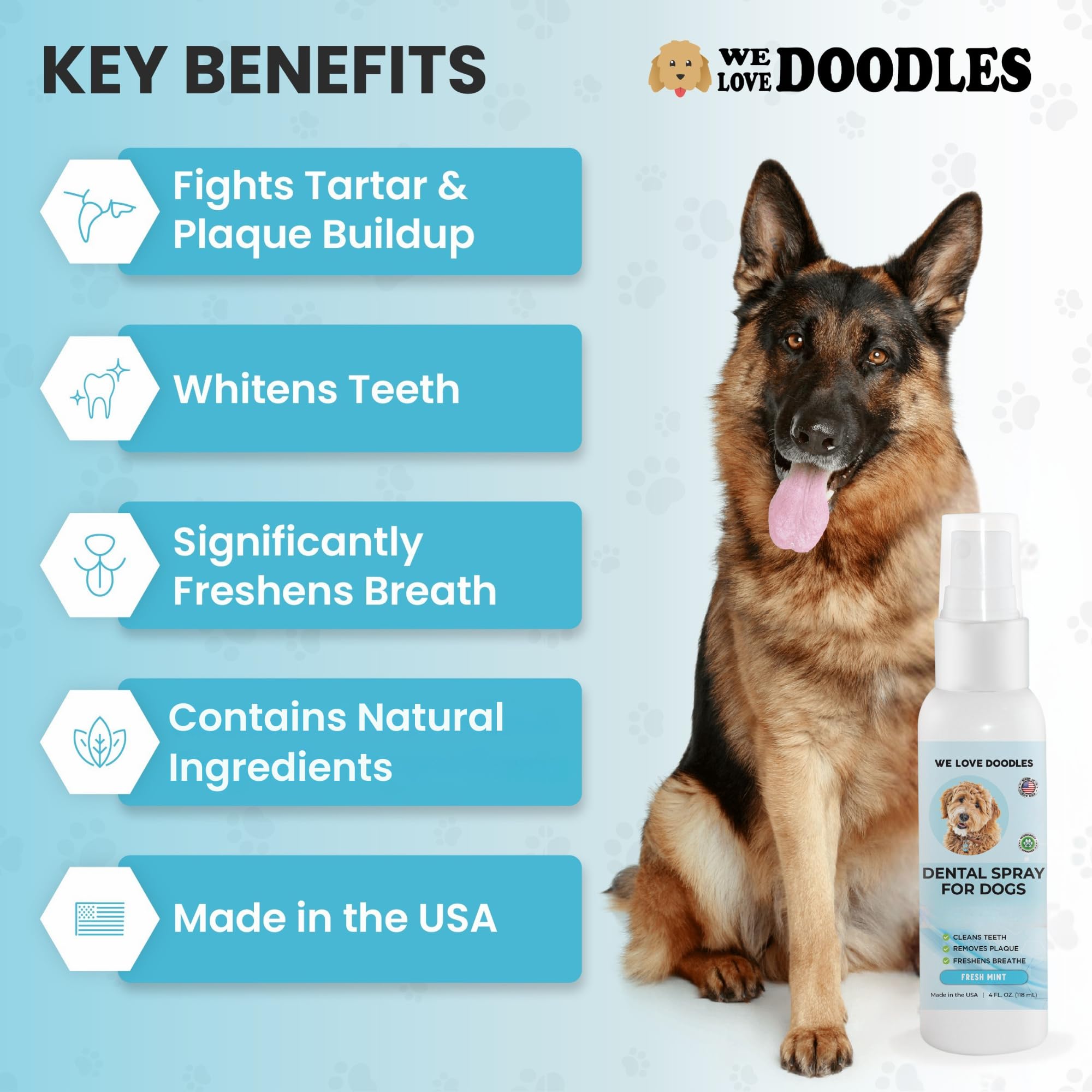We Love Doodles dog dental spray bottle closeup showing plaque control benefits.