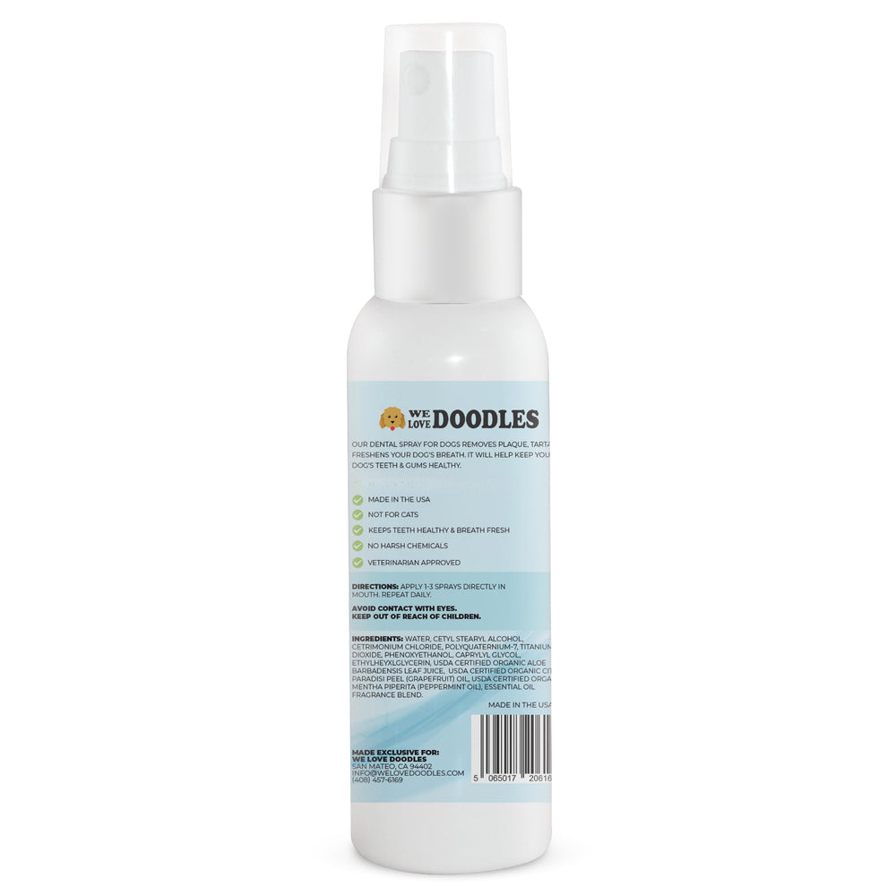 We Love Doodles dog dental spray on countertop ready for routine use.