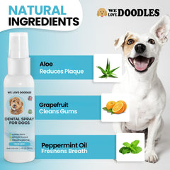 We Love Doodles dog dental spray in use for fresh breath and oral care.