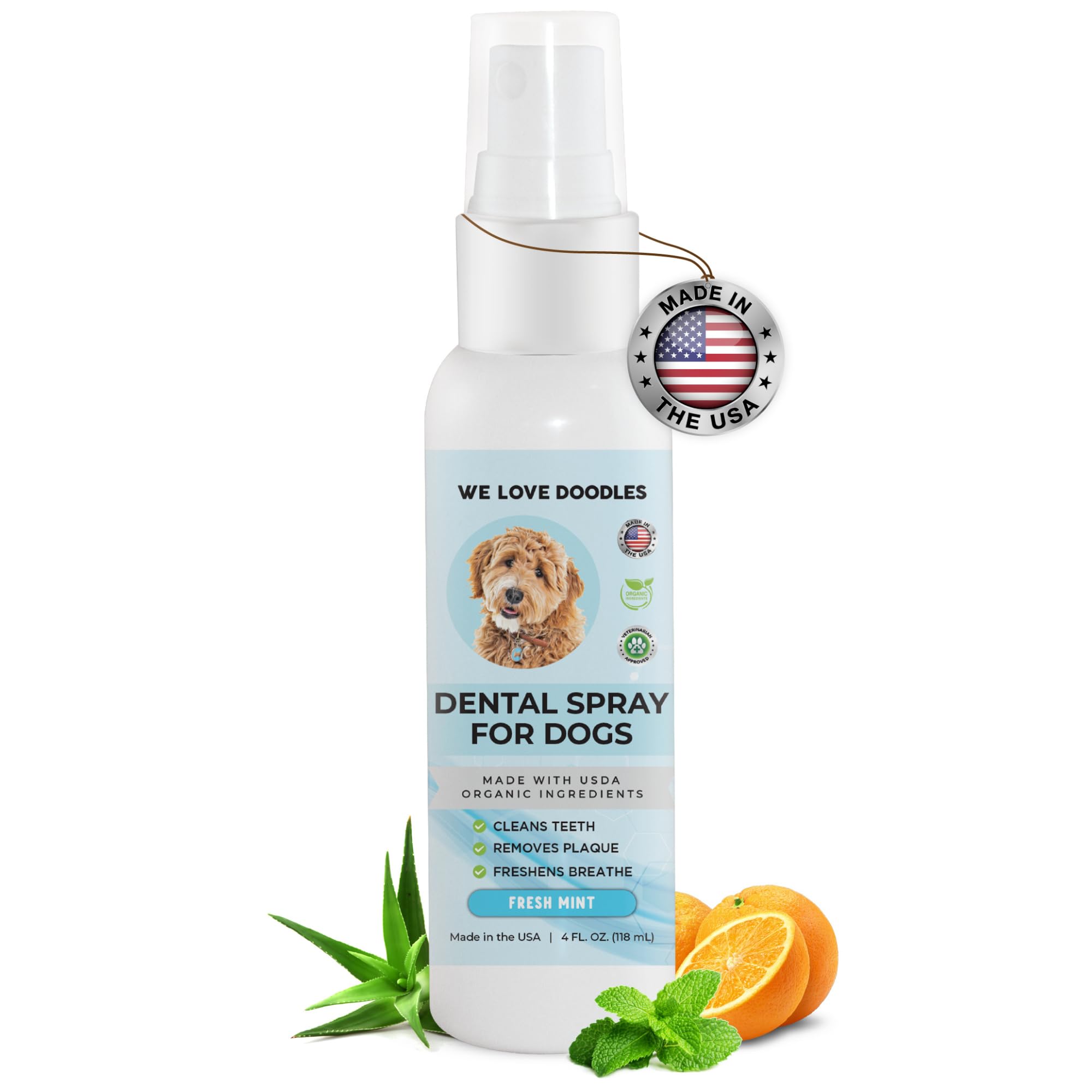 We Love Doodles dog dental spray label promoting fresh breath for pets.