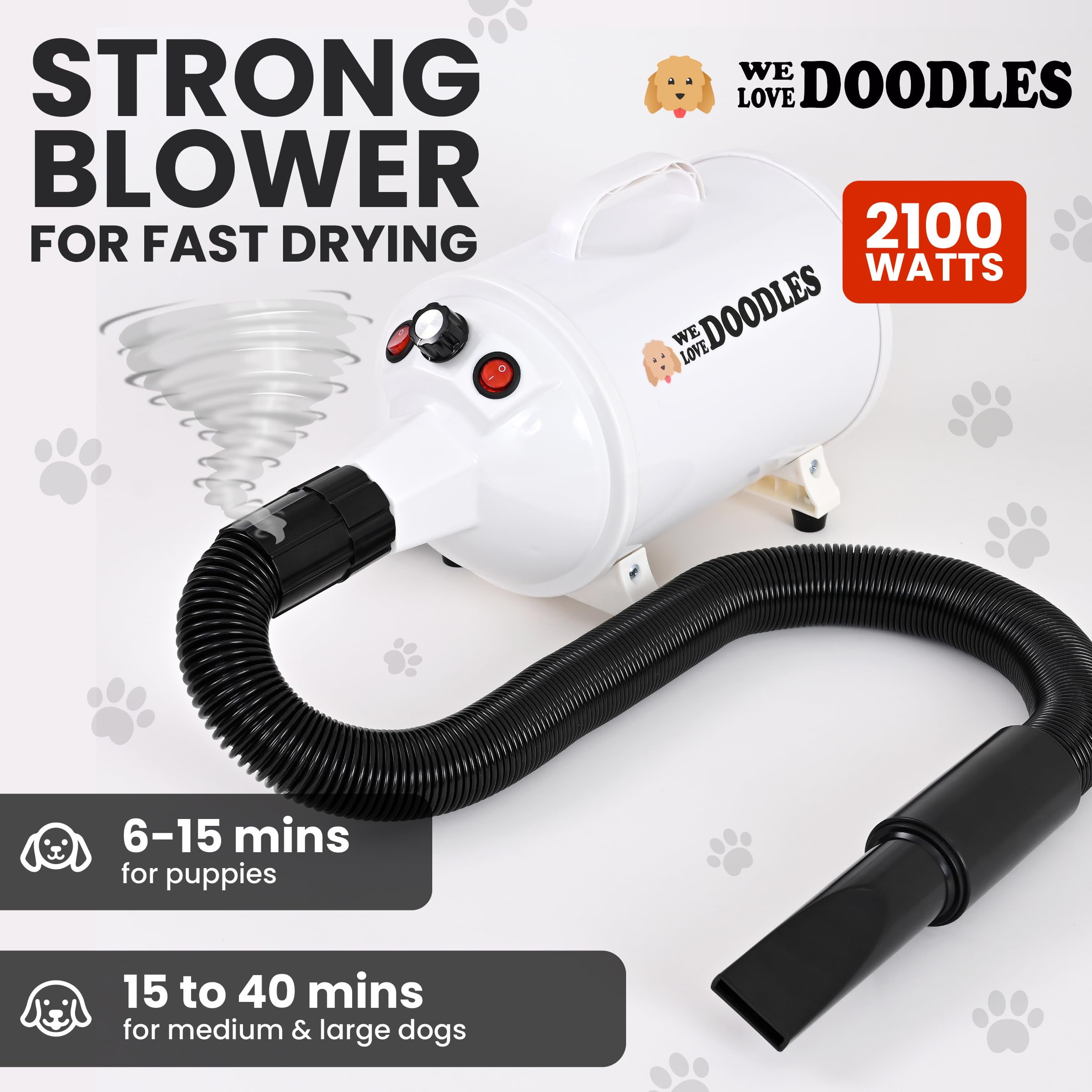 We Love Doodles dog dryer interchangeable-nozzles enable precise airflow for coat smoothing.