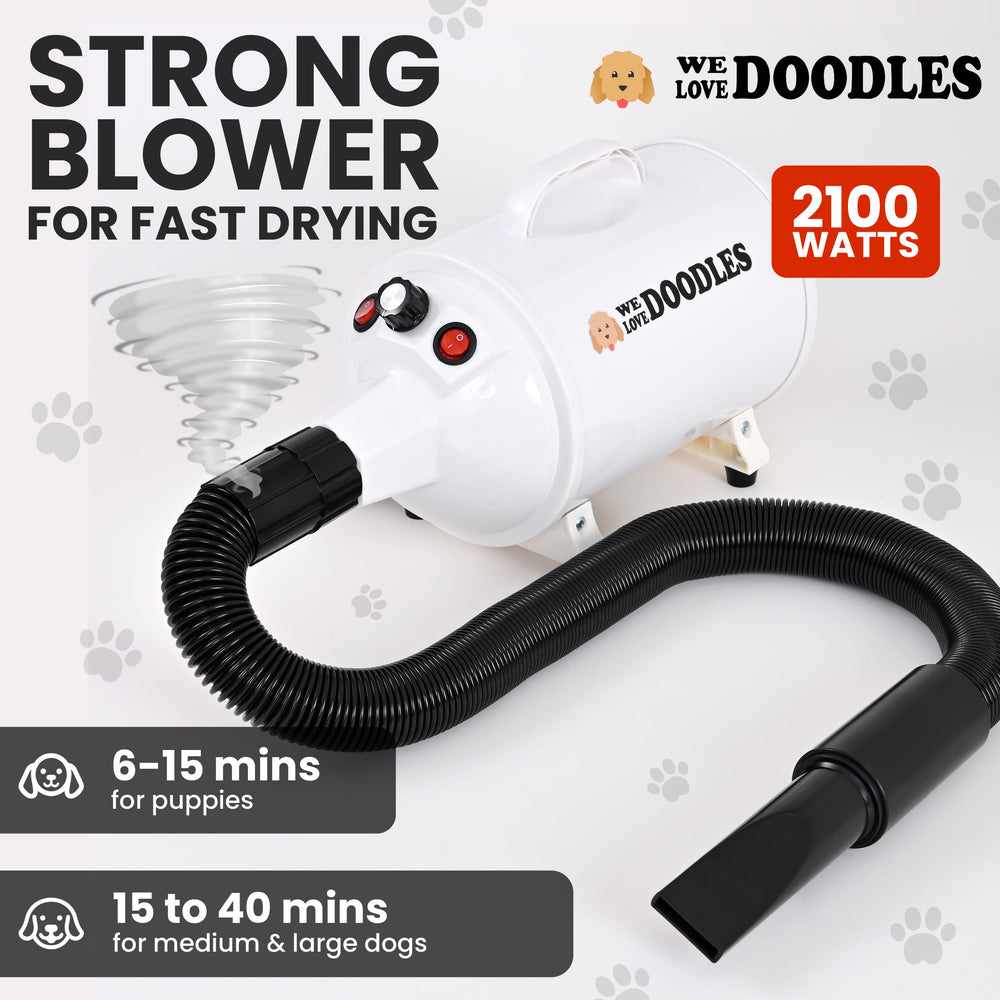 We Love Doodles dog dryer interchangeable-nozzles enable precise airflow for coat smoothing.