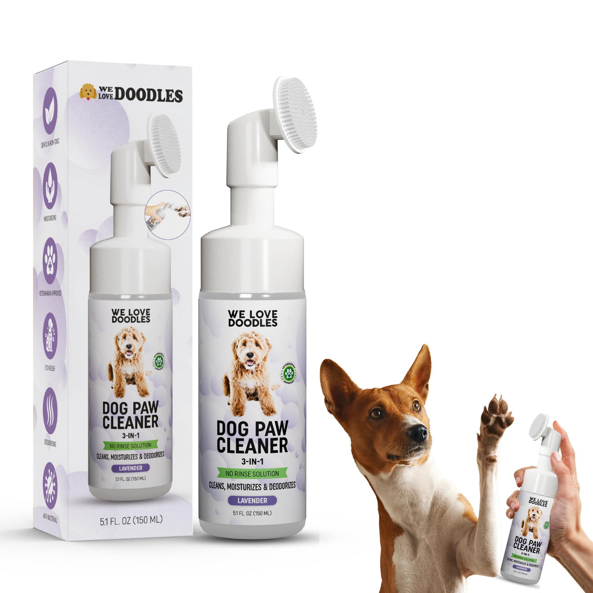 We Love Doodles dog paw cleaner bottle pump shows easy no-rinse cleaning for paws.