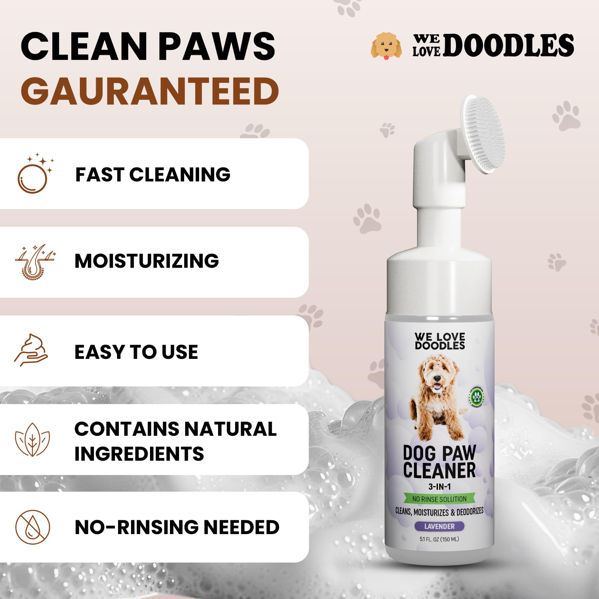 We Love Doodles paw cleaner foam application captures easy massage and quick dirt lift.