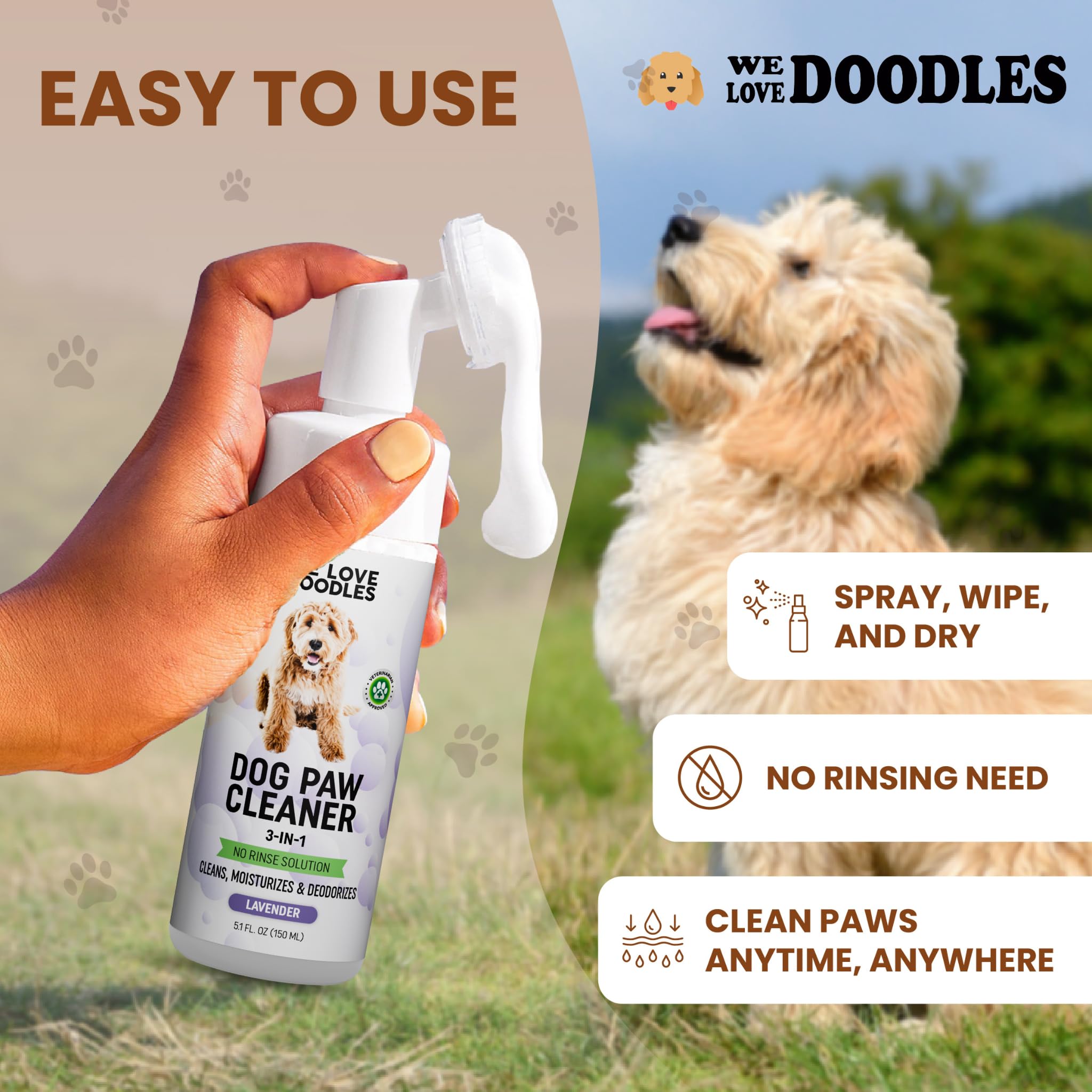 We Love Doodles foam closeup highlights gentle cleansing for sensitive paws.