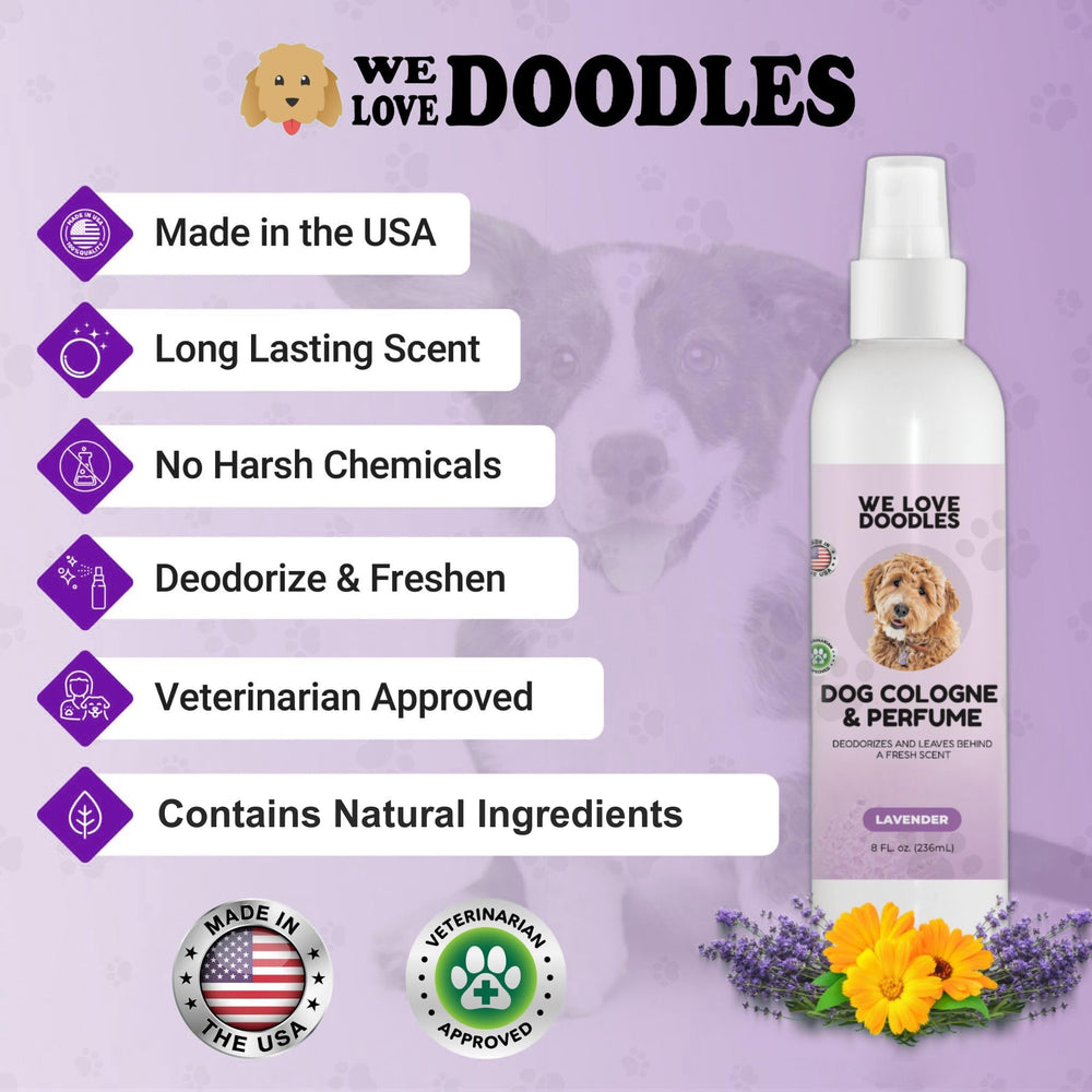 We Love Doodles dog perfume after-bath uses long-lasting scent for pets.