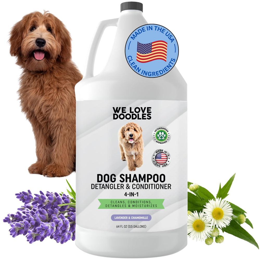 We Love Doodles dog shampoo half gallon lavender bottle shows large value for multi-dog homes.