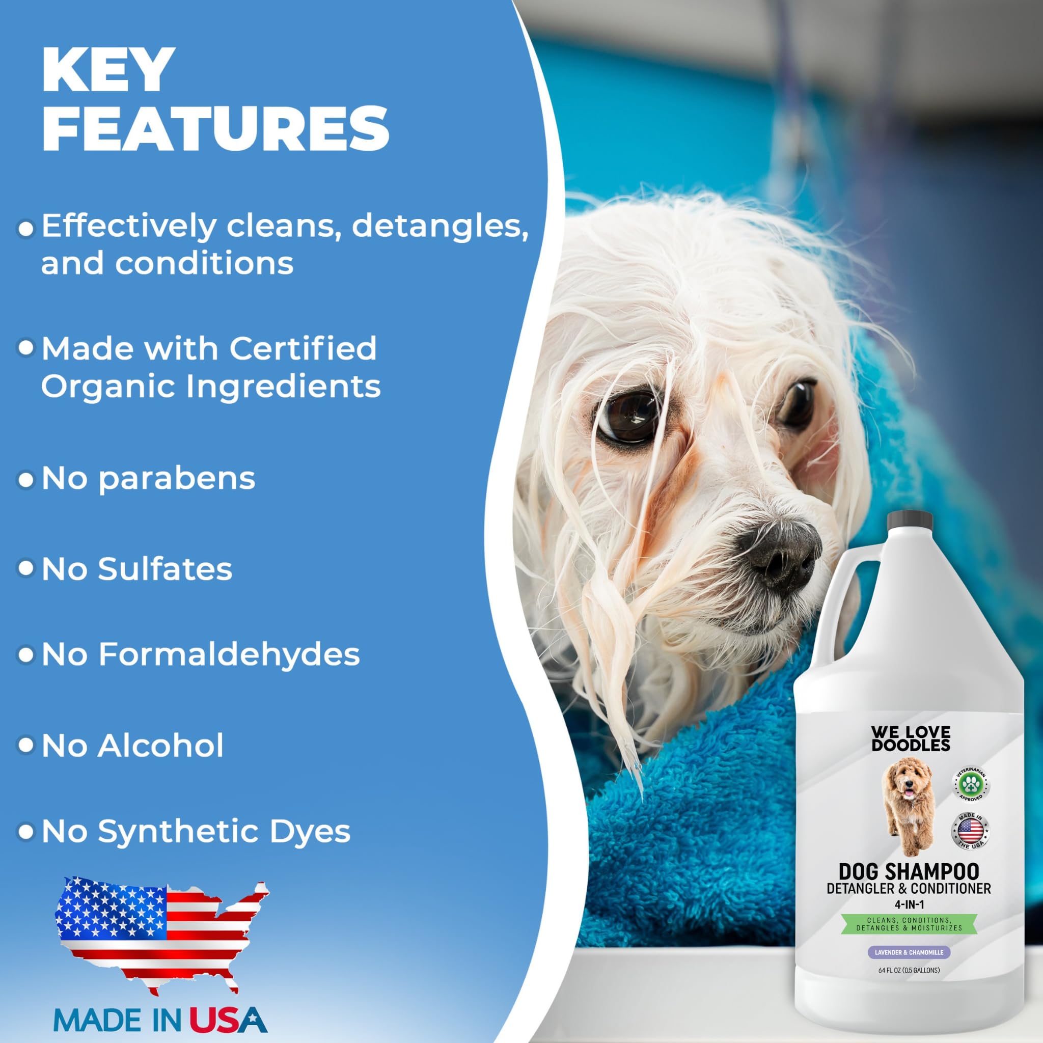 We Love Doodles lavender shampoo pour demonstrates easy, mess-free bath times and gentle detangling.