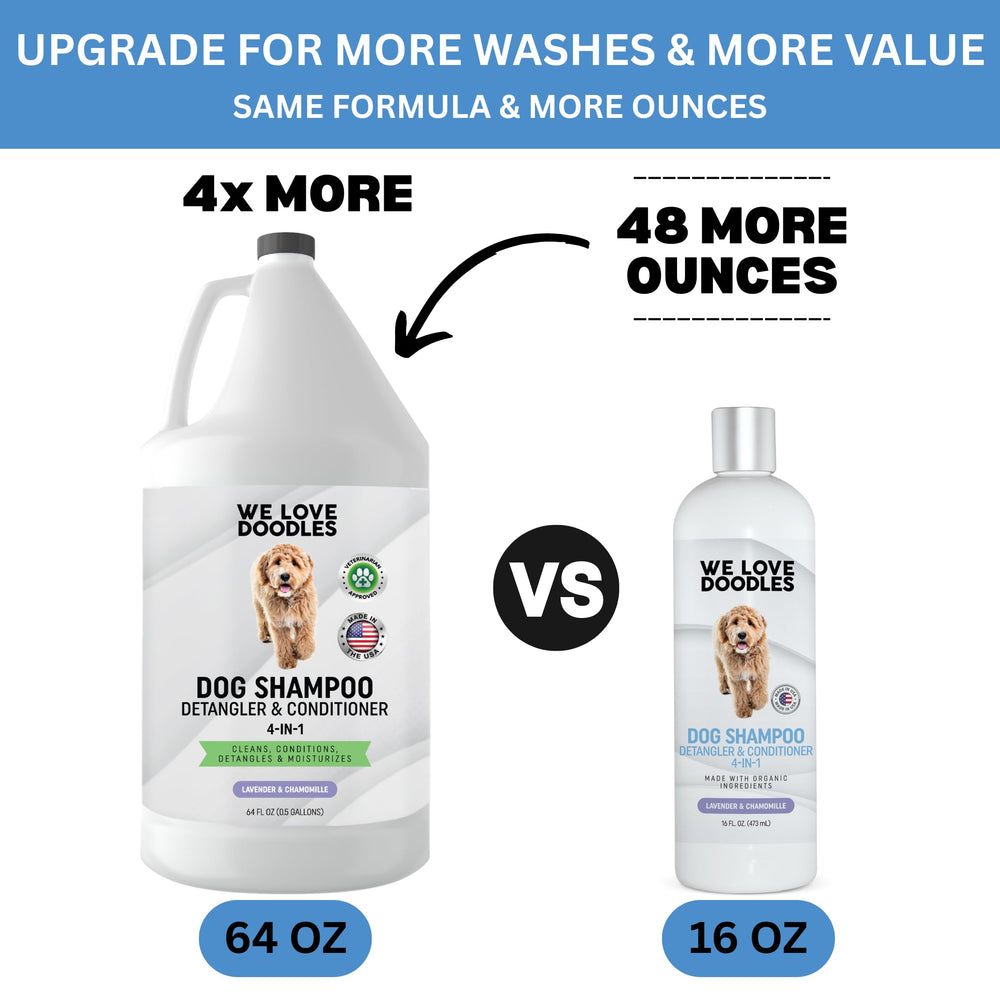 We Love Doodles USA-made label highlights salon-quality formula for sensitive skin and puppies.