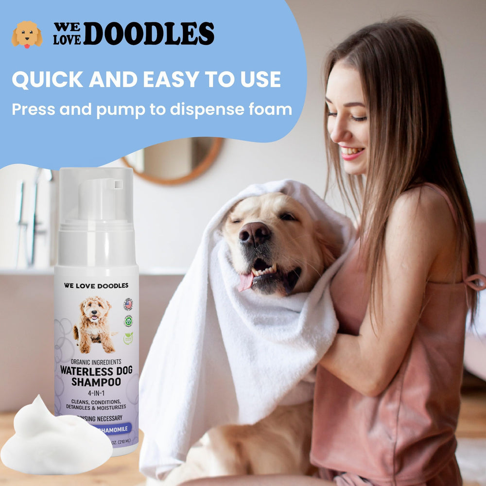 We Love Doodles dog shampoo label highlighting brand and product details