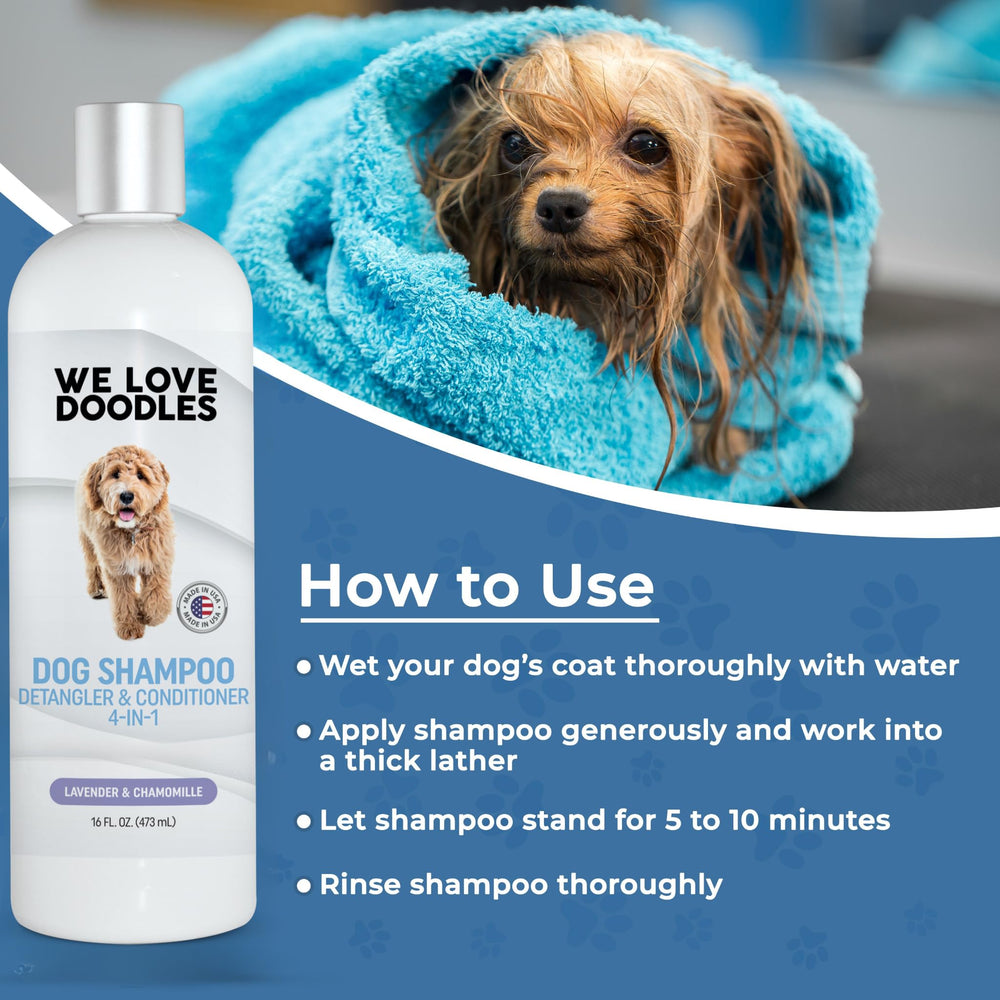 We Love Doodles bath-ready bottle shown with rich lather for mat-prone coats.