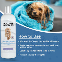 We Love Doodles bath-ready bottle shown with rich lather for mat-prone coats.