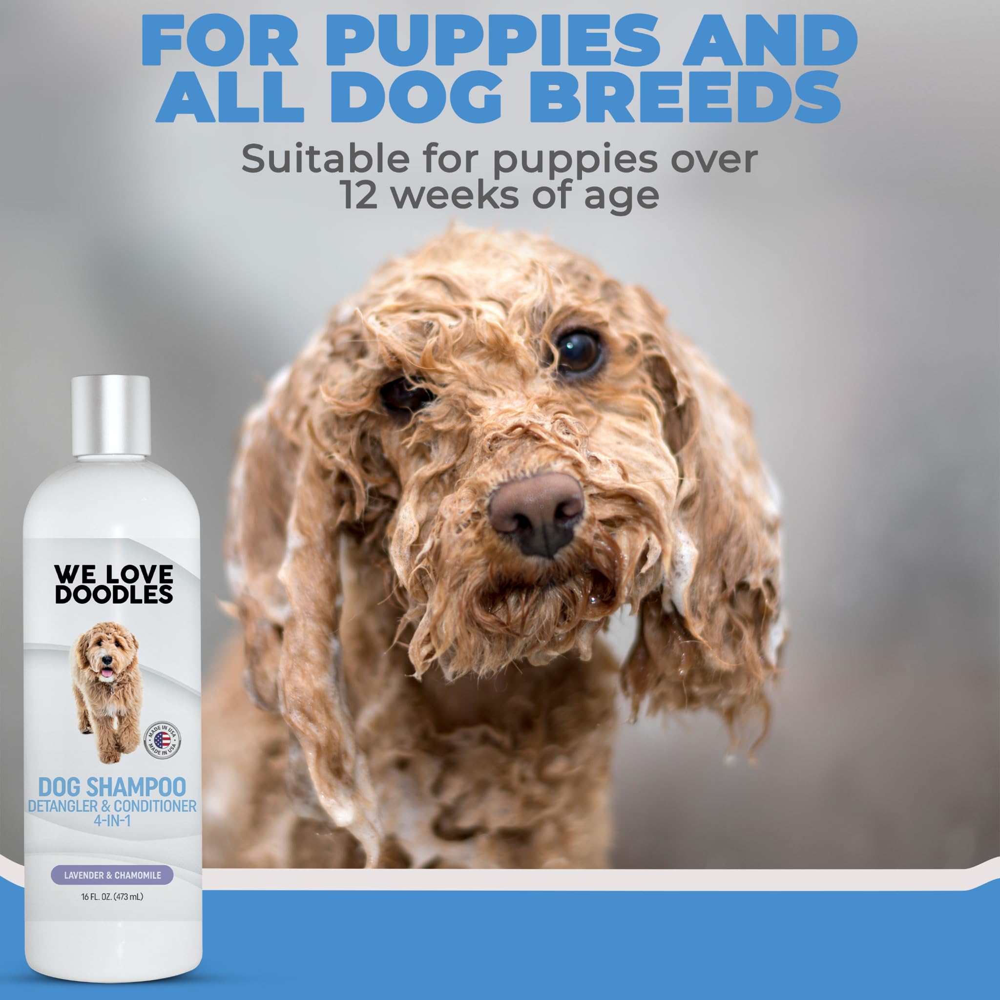 We Love Doodles lavender shampoo after-use image shows soft, untangled fur.