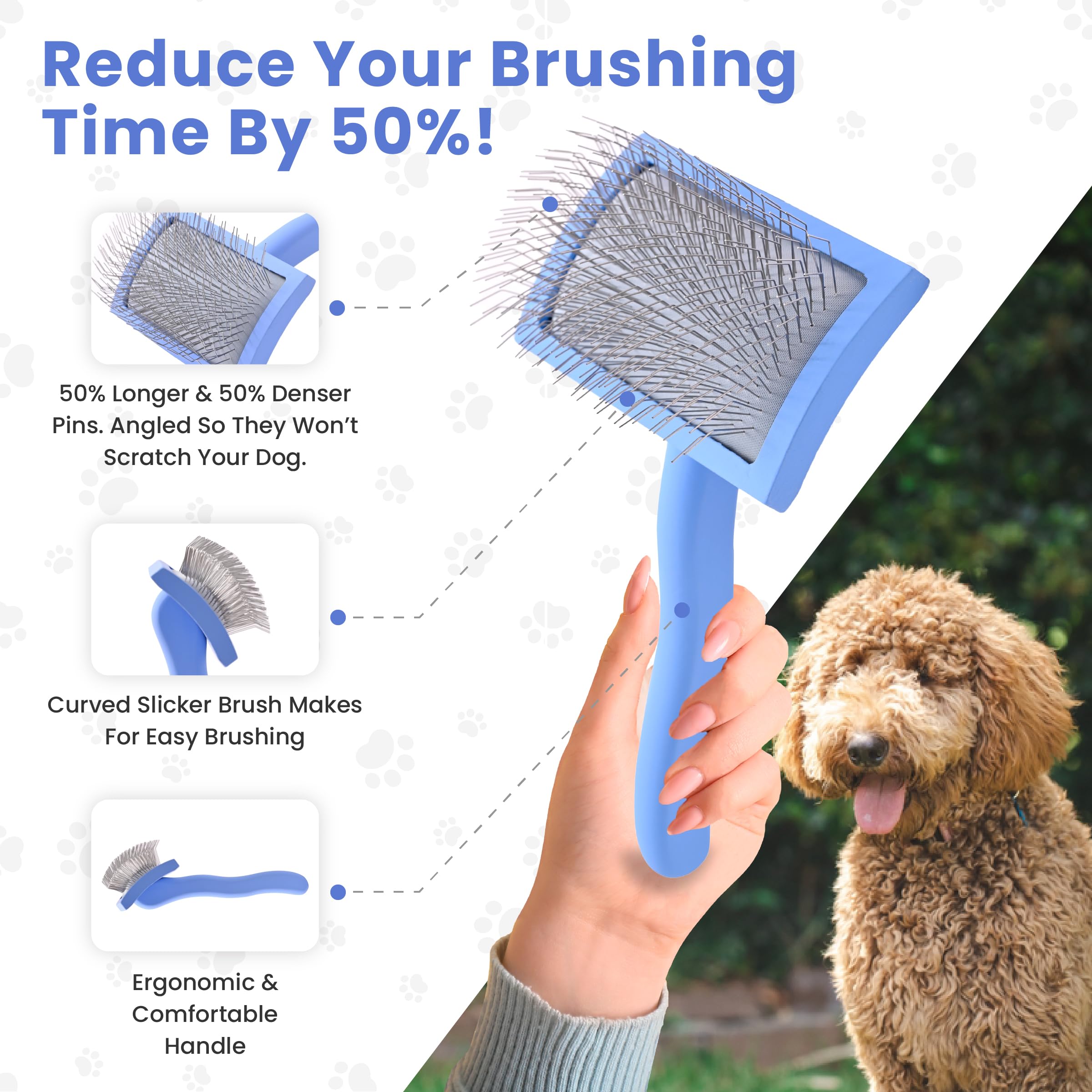 We Love Doodles ergonomic handle brush supports comfortable grooming sessions.