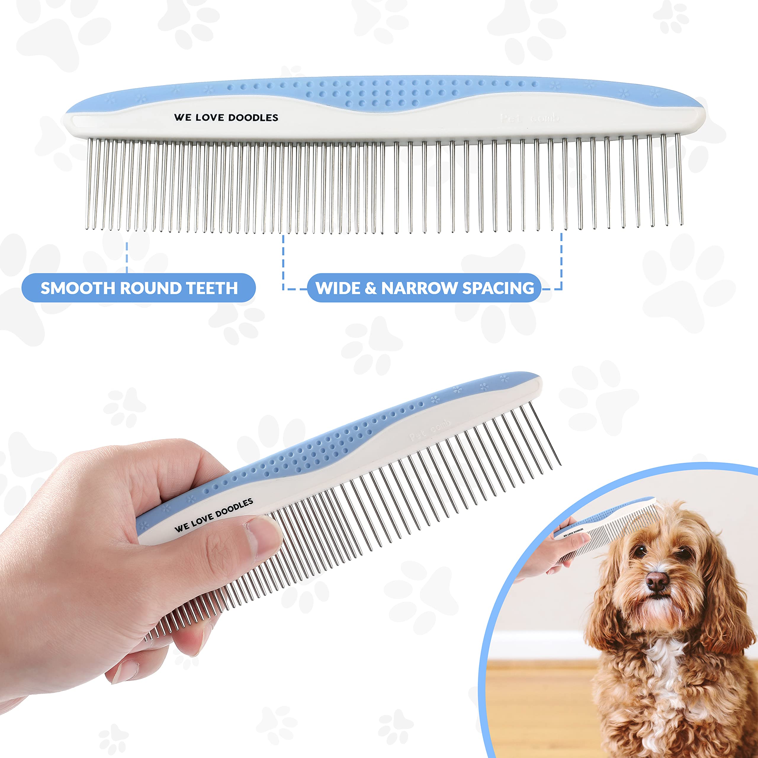We Love Doodles ergonomic non-slip handle for comfortable grooming.
